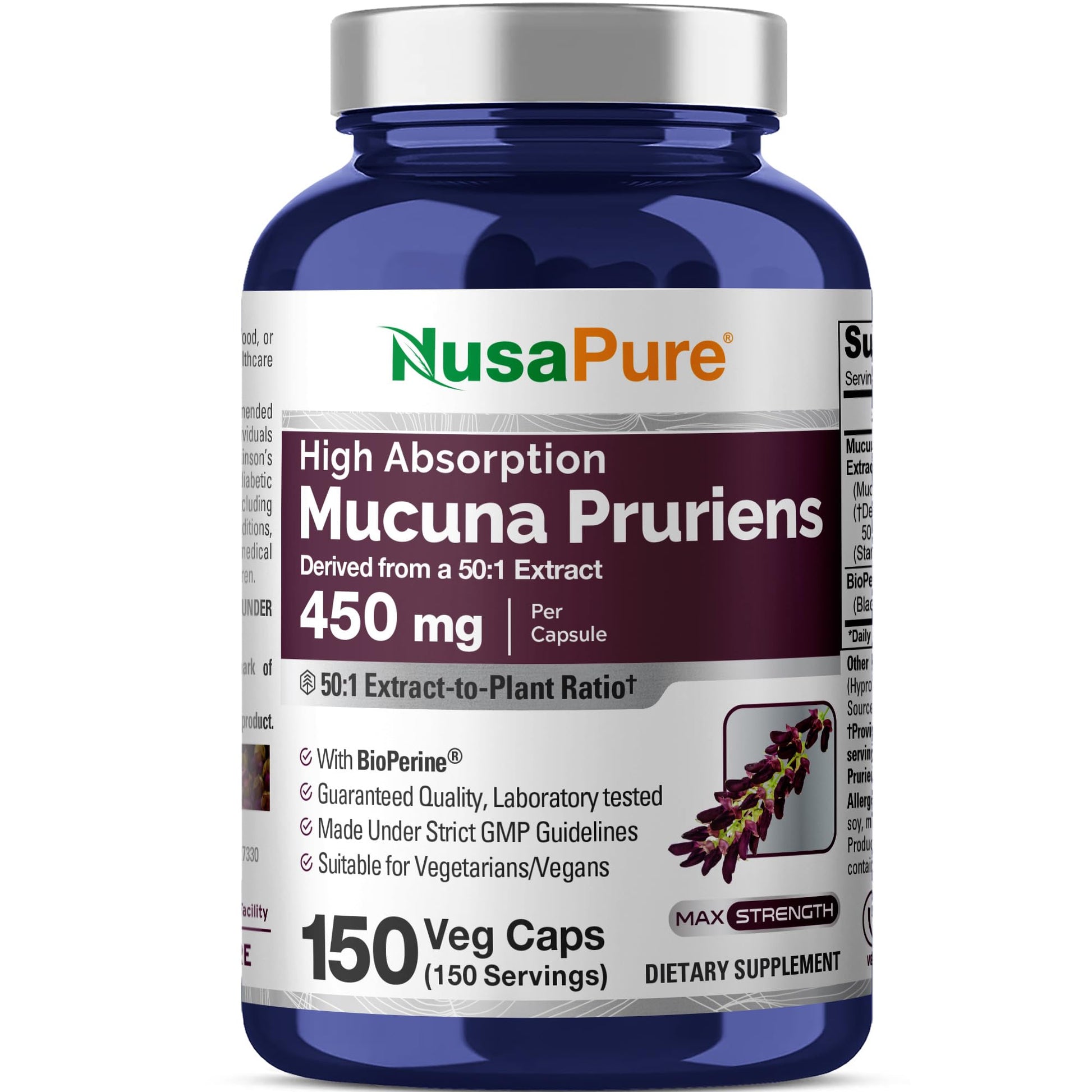 NusaPure Mucuna Pruriens 450mg Capsules, 150 Count