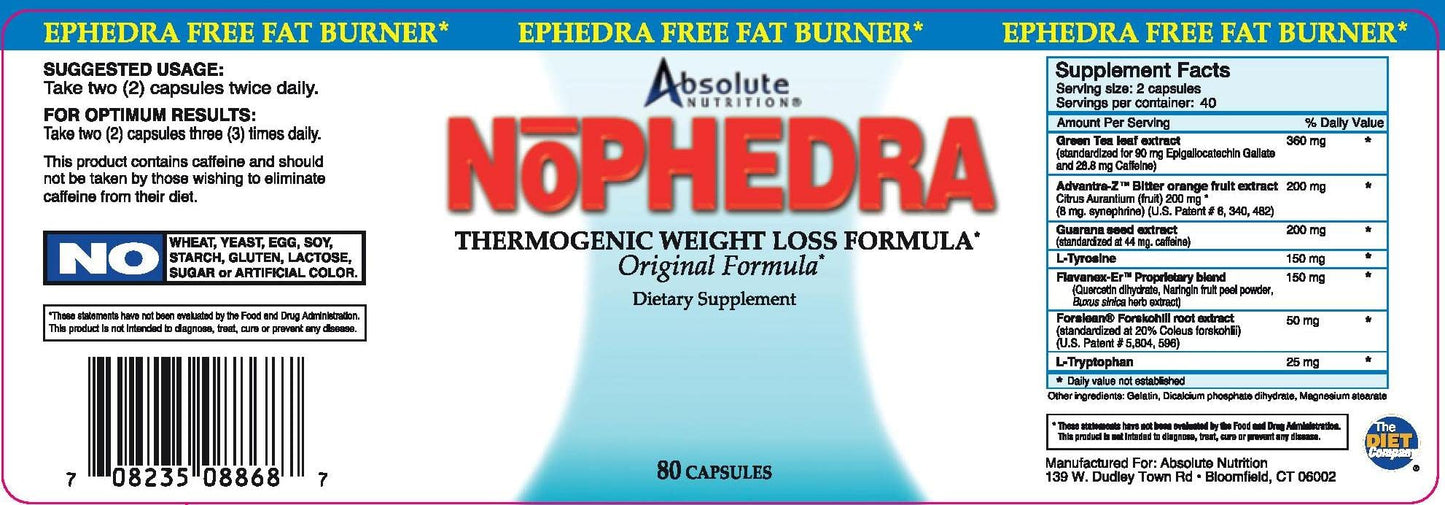 Absolute Nutrition Nophedra Thermogenic Fat Burners Capsules, 80 Count