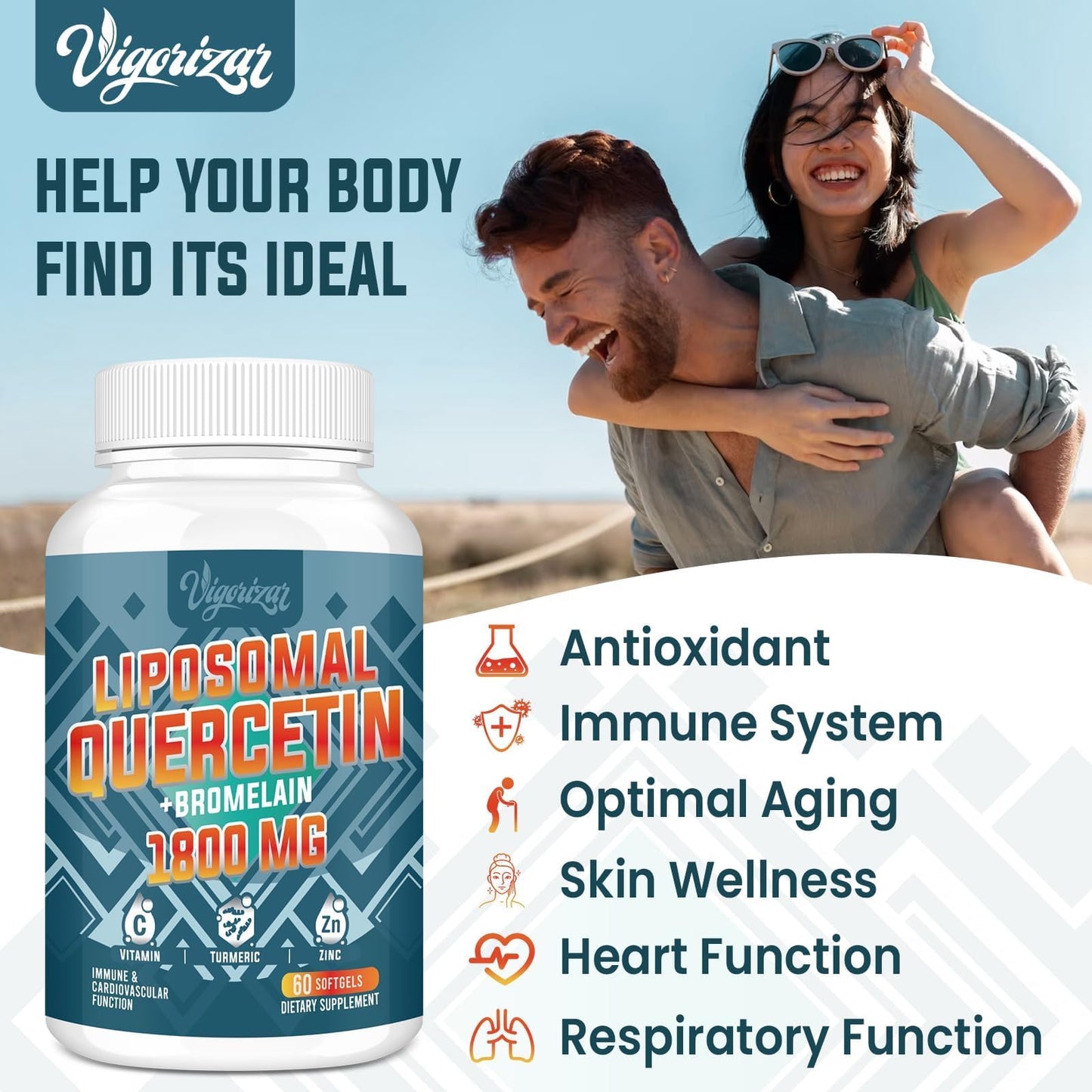 Vigorizar Liposomal Quercetin Phytosome, Quercetin with Bromelain, Zinc & Vitamin C, Bioactive Phytosome Complex, 20X Higher Absorption, 120 Softgels