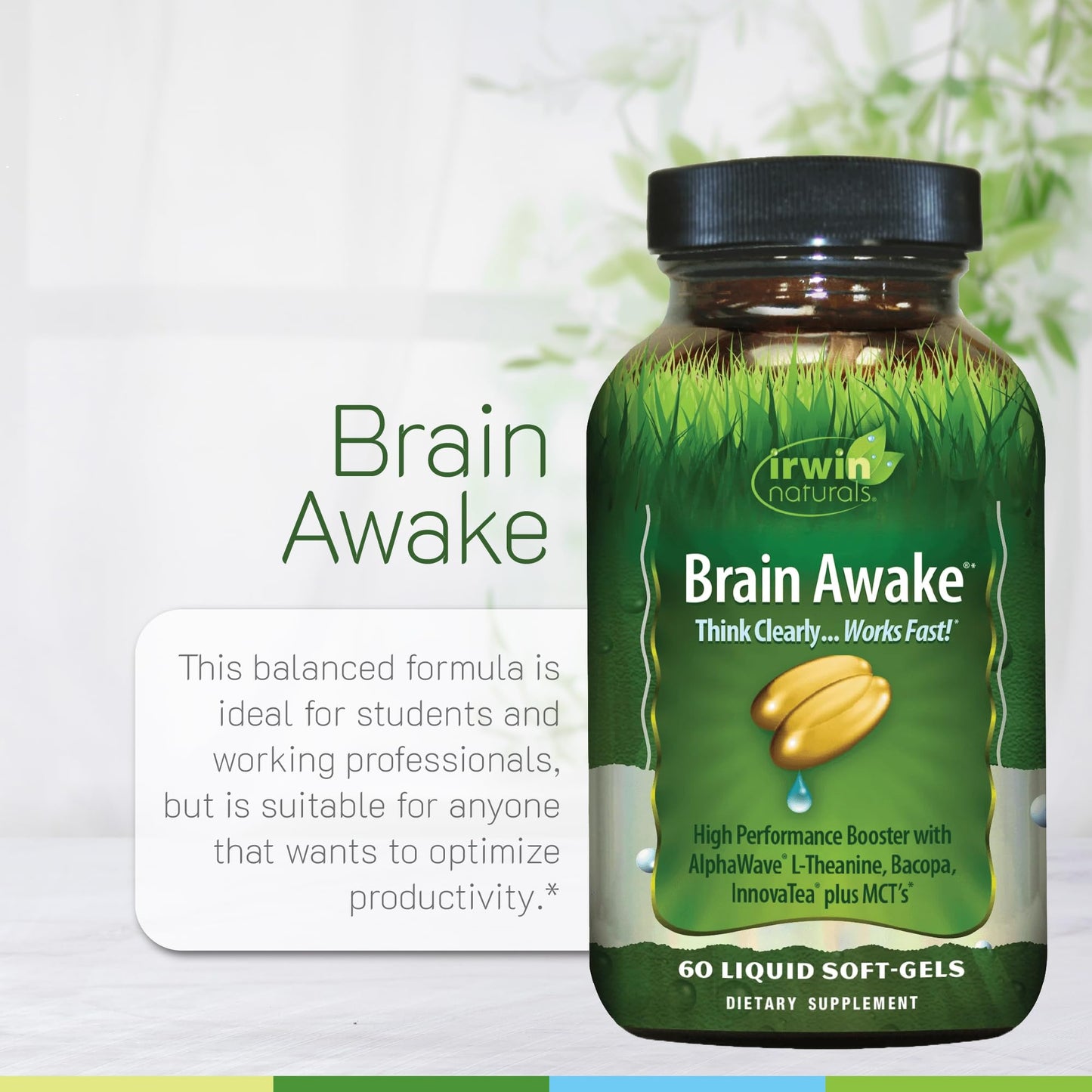Irwin Naturals Brain Awake Enhanced Mental Performance, Increased Focus, Boost Clarity & Concentration - Nootropic Booster with L-Theanine, Bacopa, MCTs & InnovaTea, 60 Softgels