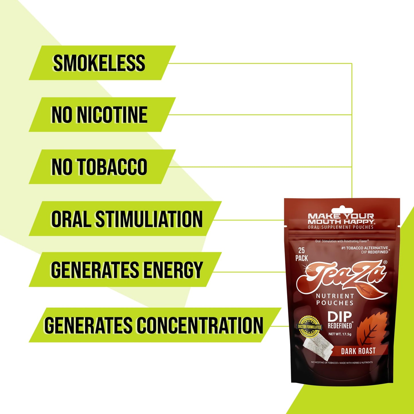 TeaZa Energy Pouches, Tobacco-Free Nicotine-Free Dip, Dark Roast, 100 Pouches