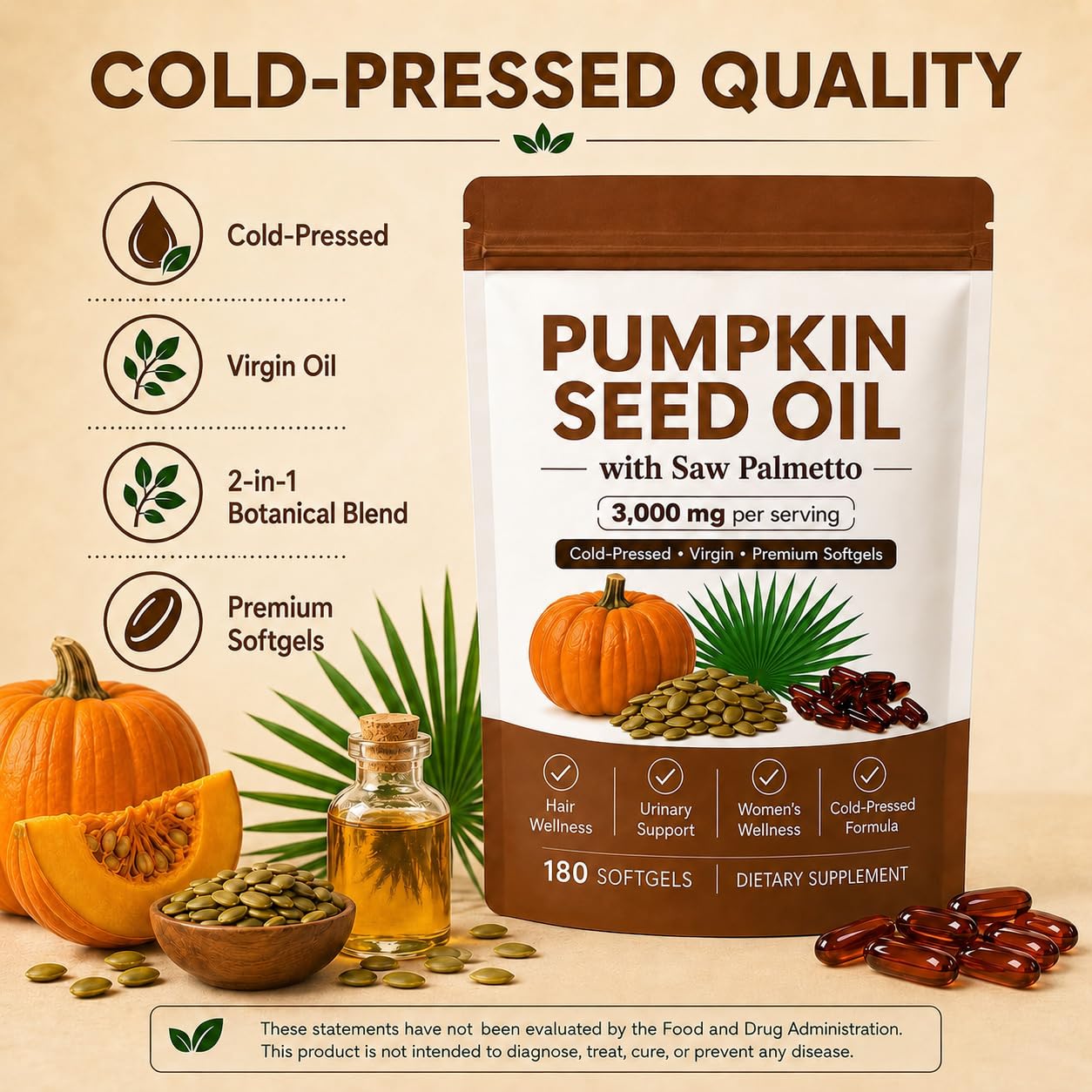 TkPDN Pumpkin Seed Oil with Saw Palmetto 3000mg Capsules, 180 Capsules