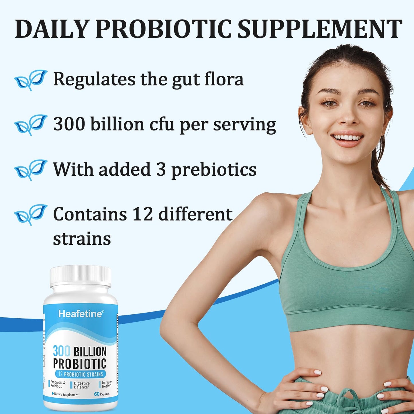 Heafetine Probiotics 300 Billion CFUs for Women & Men, 12 Strains + 3 Organic Prebiotics, Digestive Health & Immune Support, 60 Capsules