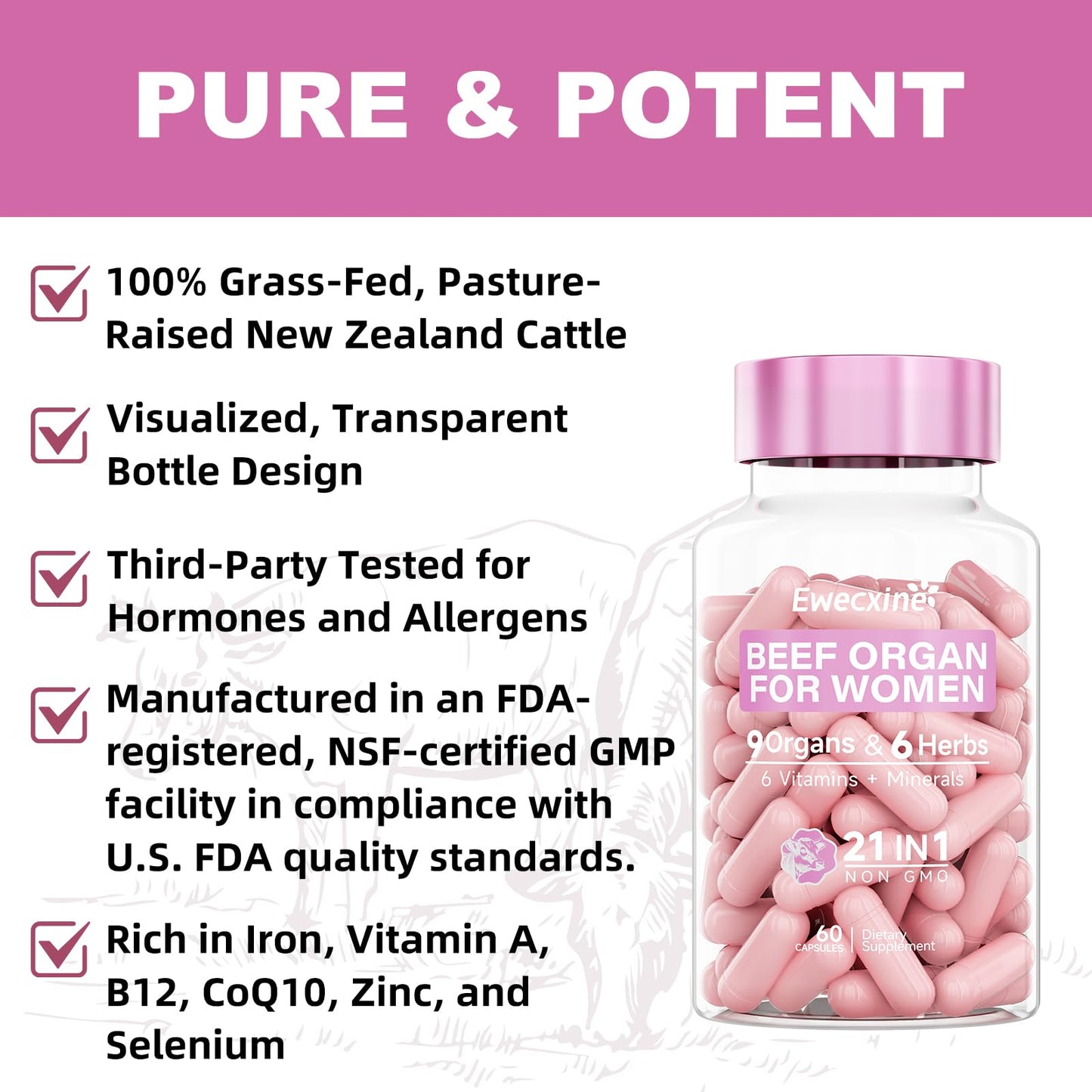 Ewecxine Beef Organ Supplement for Women, 9-Organ Formula, Capsule, 120 Count