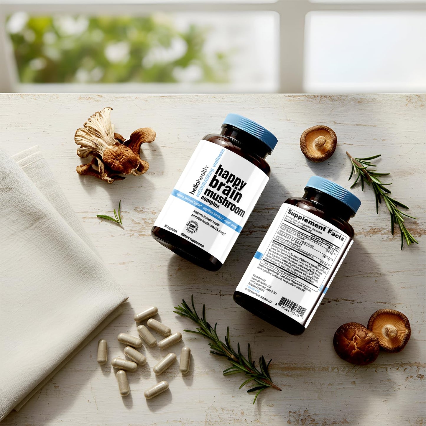 Hello Health Happy Brain Mushroom Complex Nootropics Brain Support Supplement Capsules, 60 Count