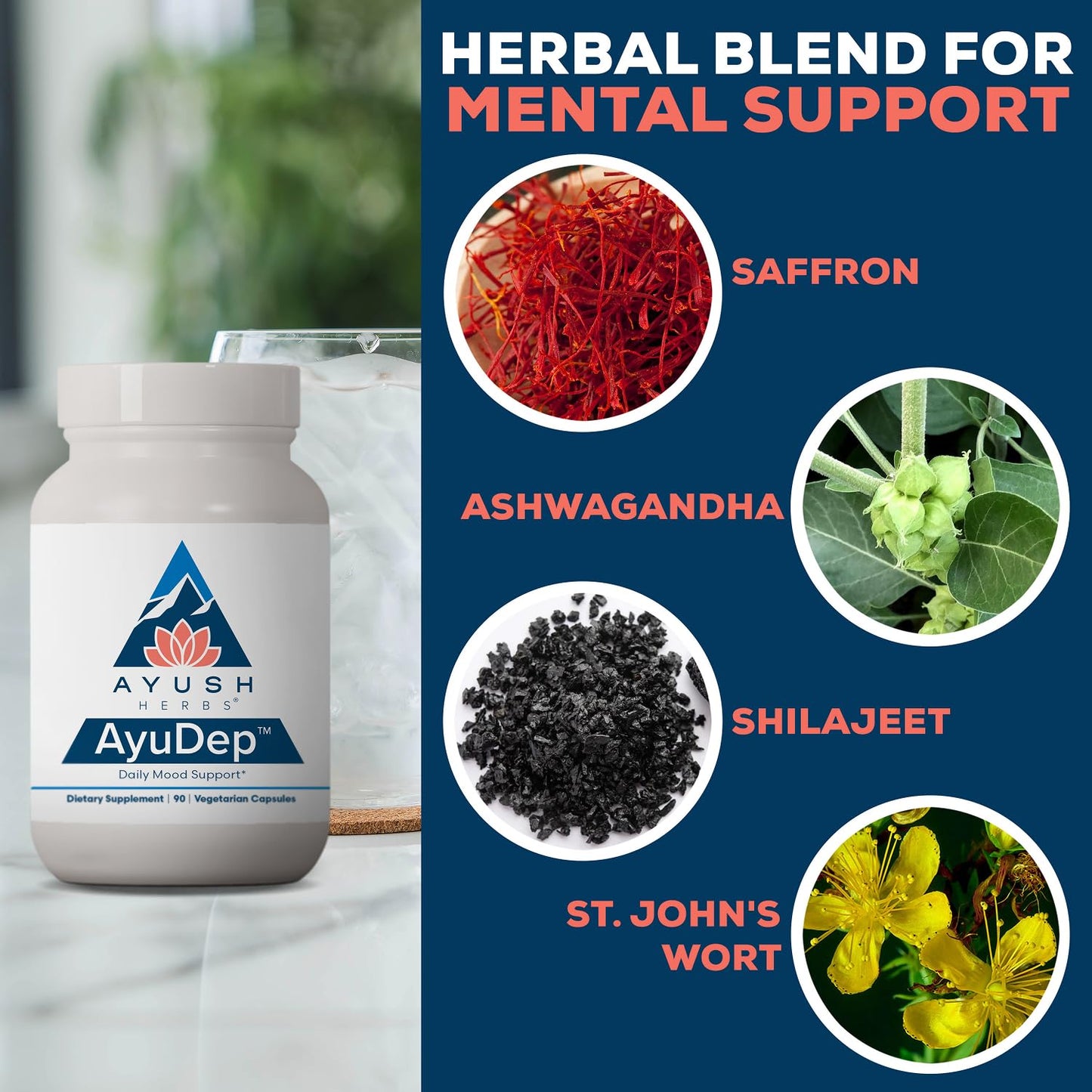 Ayush Herbs AyuDep, Saffron & Ashwagandha Supplements Capsules, 90 Count