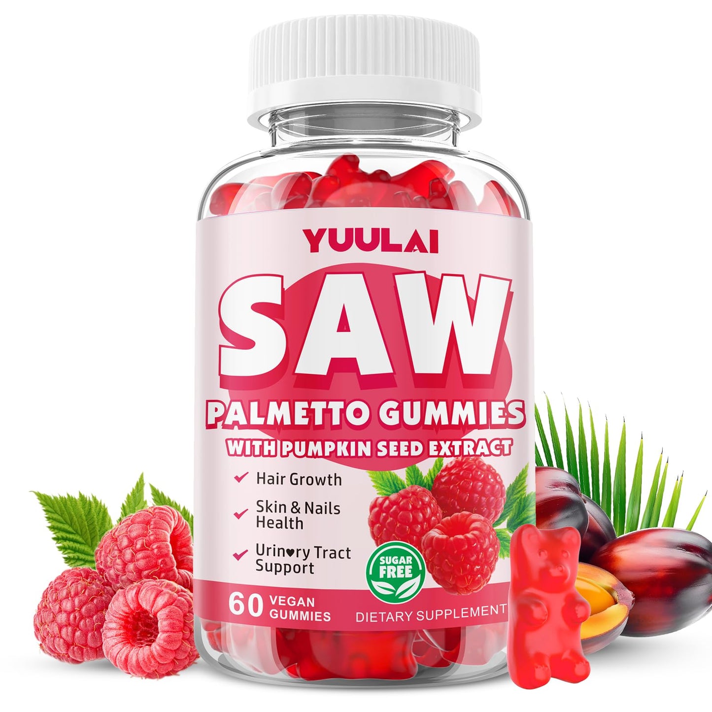 YUULAI Saw Palmetto Gummies for Women and Men, Organic Saw Palmetto with Pumpkin Seed Oil, Sugar Free Raspberry Flavor, 60 Gummies
