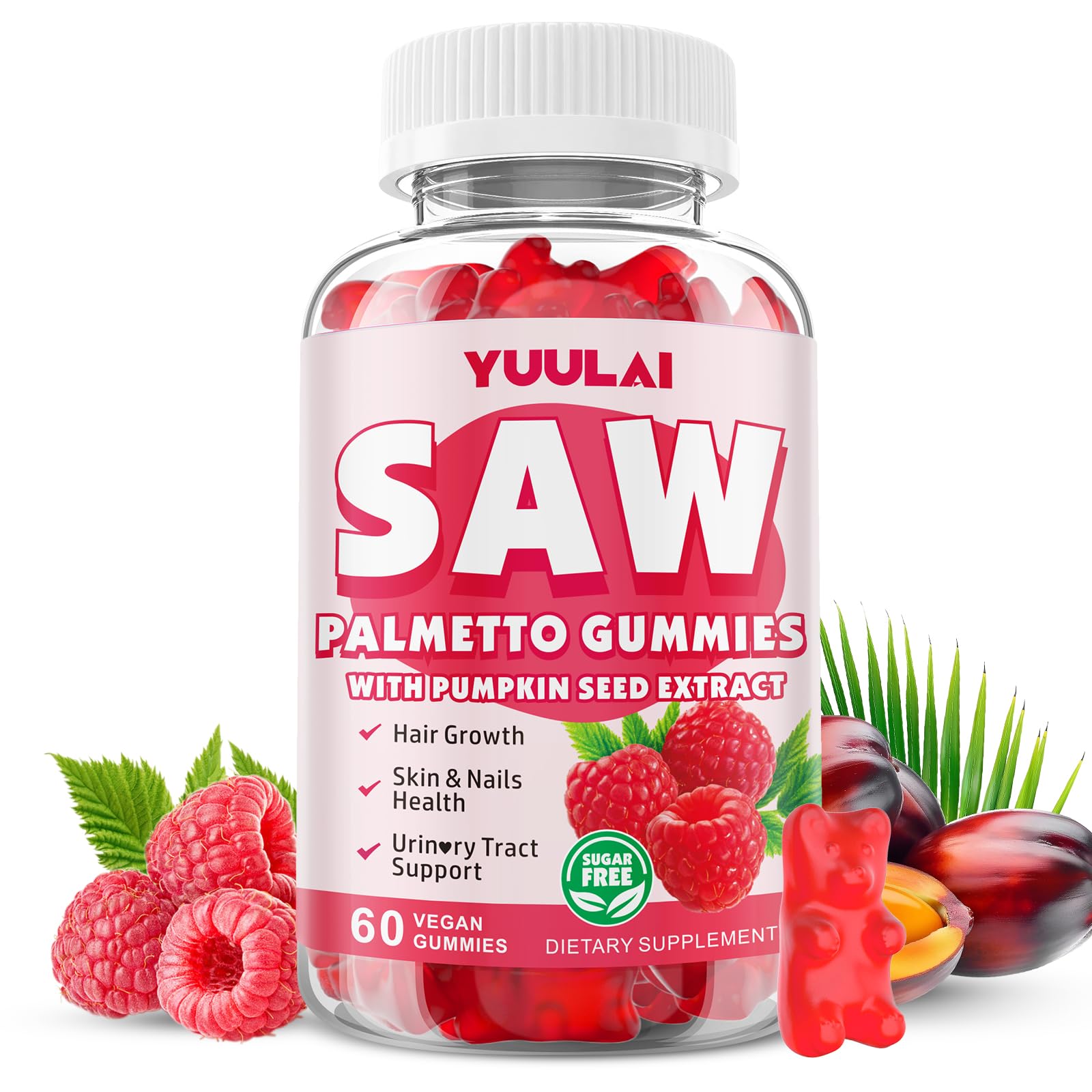 YUULAI Saw Palmetto Gummies for Women and Men, Organic Saw Palmetto with Pumpkin Seed Oil, Sugar Free Raspberry Flavor, 60 Gummies