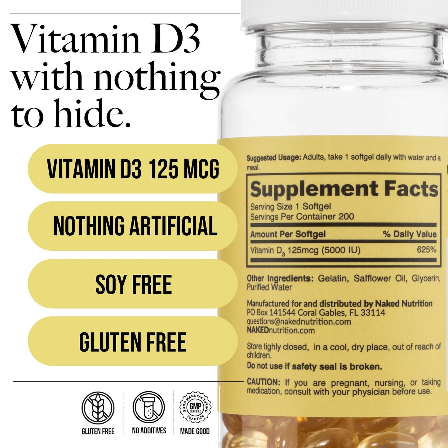 NAKED Vitamin D3 5000 IU Softgels, 200 Count