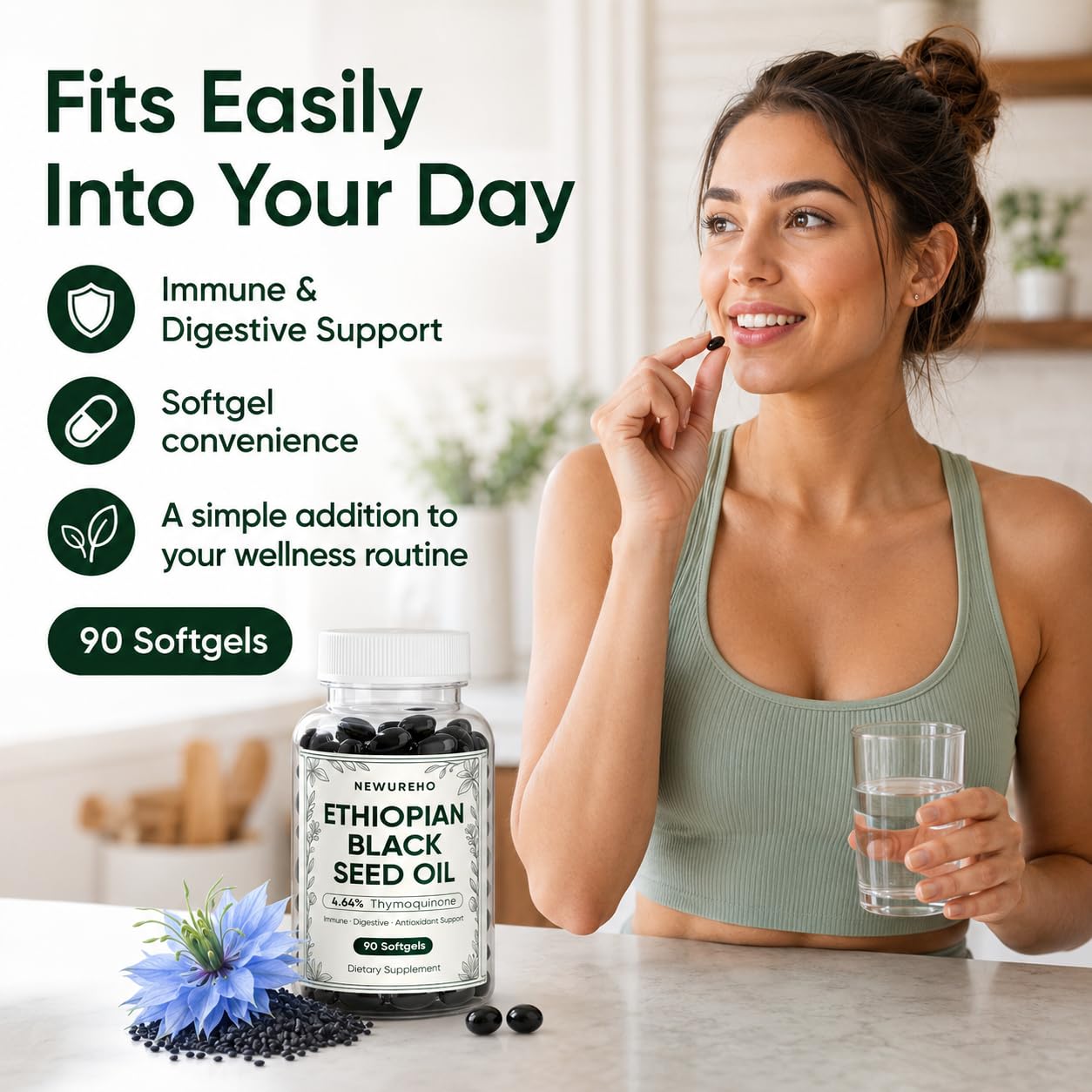 NEWUREHO Ethiopian Black Seed Oil Capsule 800mg, Organic Cold Pressed 100% Pure, Supports Immune & Digestive Health, Easy-to-Swallow, 90 Count