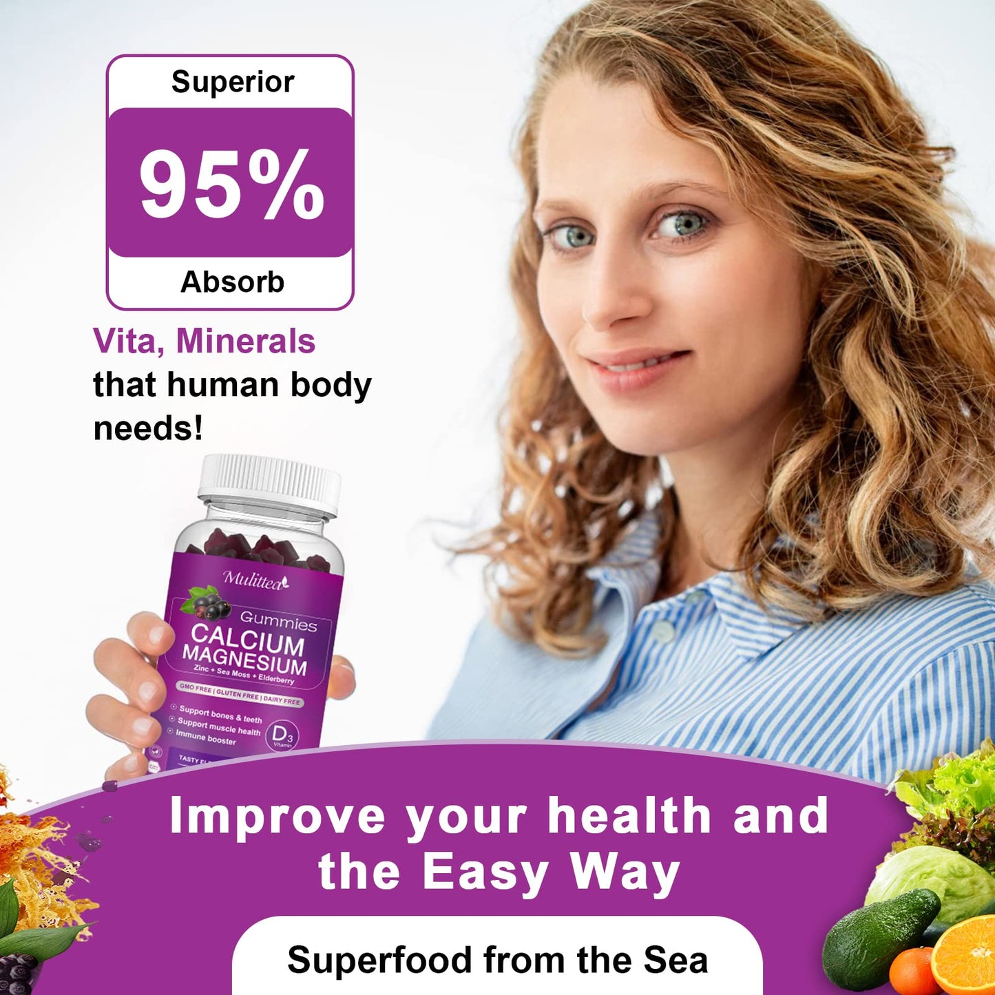 Mulittea Calcium Magnesium Zinc Gummies with High Absorption Magnesium Glycinate 200mg, Potassium, Plant Calcium w/ D3 & Sea Moss for Bone, Muscles, Calm Mood & Sleep Support - 180 Gummies