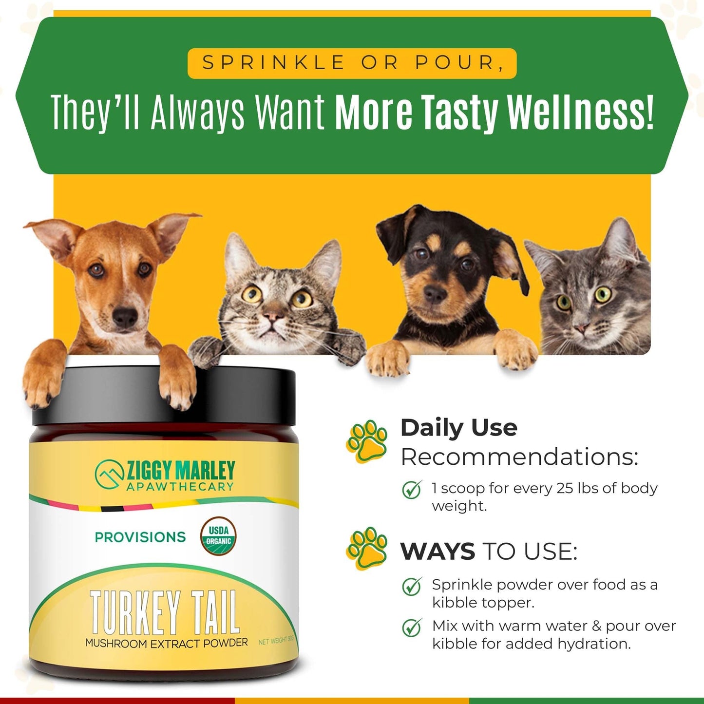 ZMA PETS Ziggy Marley's USDA Organic Turkey Tail Mushroom Powder for Dogs & Cats – Fruiting Body Extract, 3.17 oz