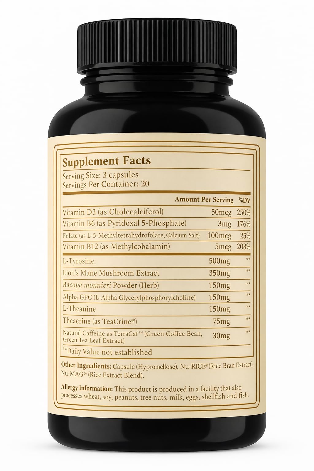 AURUM BOTANICA Best Brain Supplement for Memory and Focus with L-Theanine, Lion's Mane, Vitamin B6, B12, D3, Folate, L-Tyrosine, Bacopa Monnieri, Alpha GPC, Theacrine, 30mg Natural Caffeine, Capsules, 60 Count