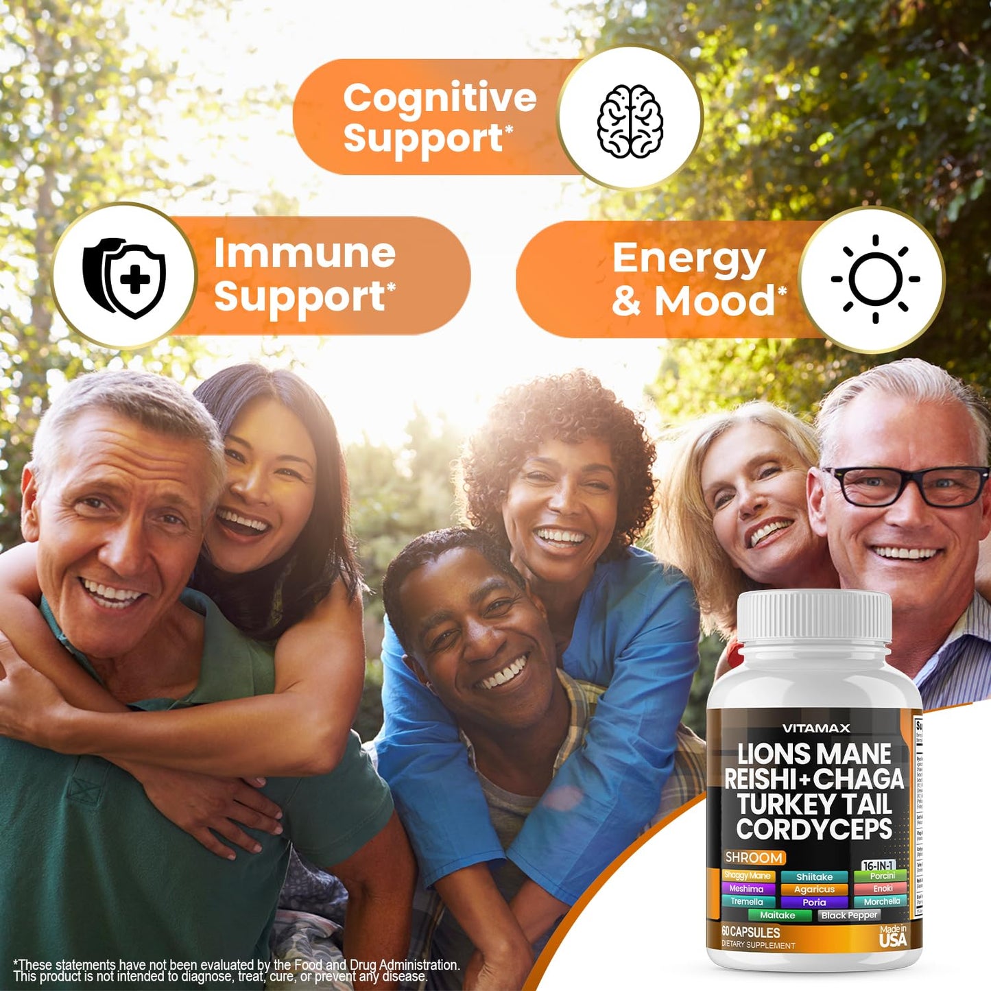 Vitamax Lions Mane Mushroom, Turkey Tail, Chaga & Reishi, Cordyceps Shiitake White Elm King Trumpet Nameko Oyster Porcini Focus & Energy Gummies, 60 Count