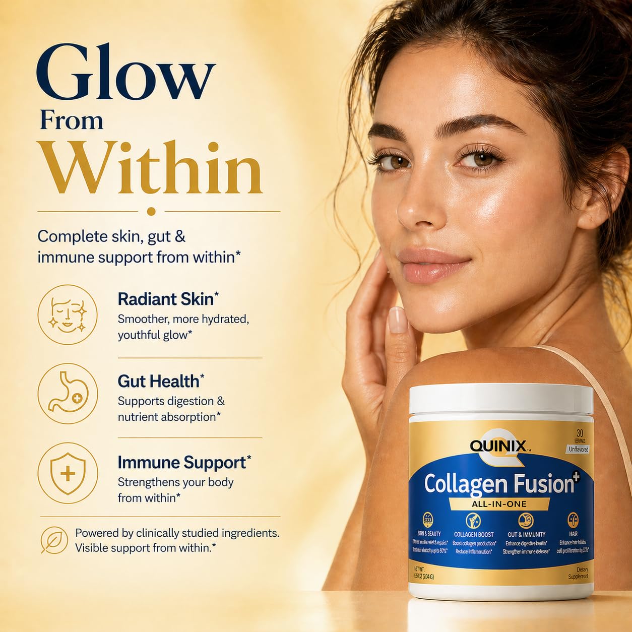 QUINIX Advanced Collagen Powder 6.7 oz Unflavored, 7-in-1 with VERISOL Bioactive Peptides for Skin, Hair & Nails + Gut & Immune Support ImmunoLin & Probiotics