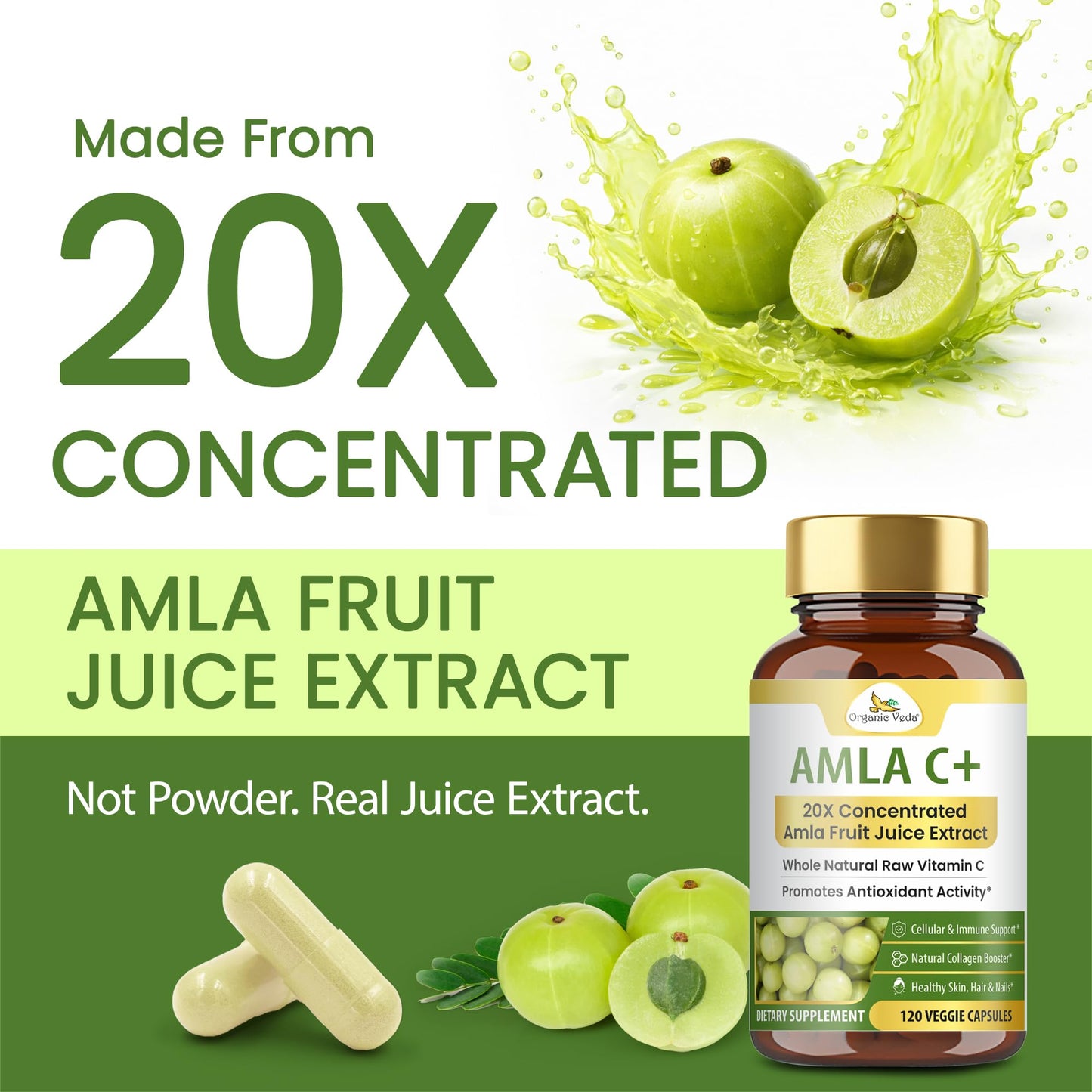 Organic Veda Amla + Capsules 20X Concentrated Amla Fruit Juice Extract Vitamin C Capsule, 120 Count