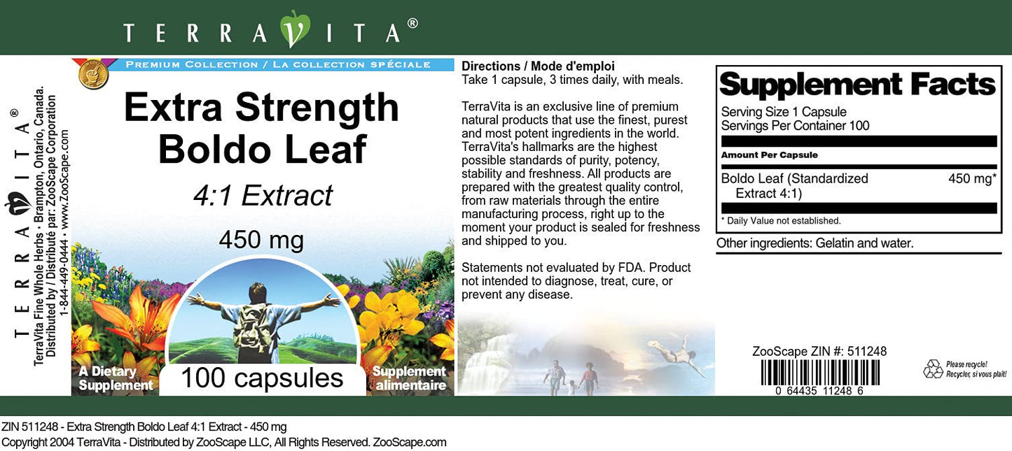 Terravita Extra Strength Boldo Leaf 4:1 Extract 450 mg Capsule 300 Count