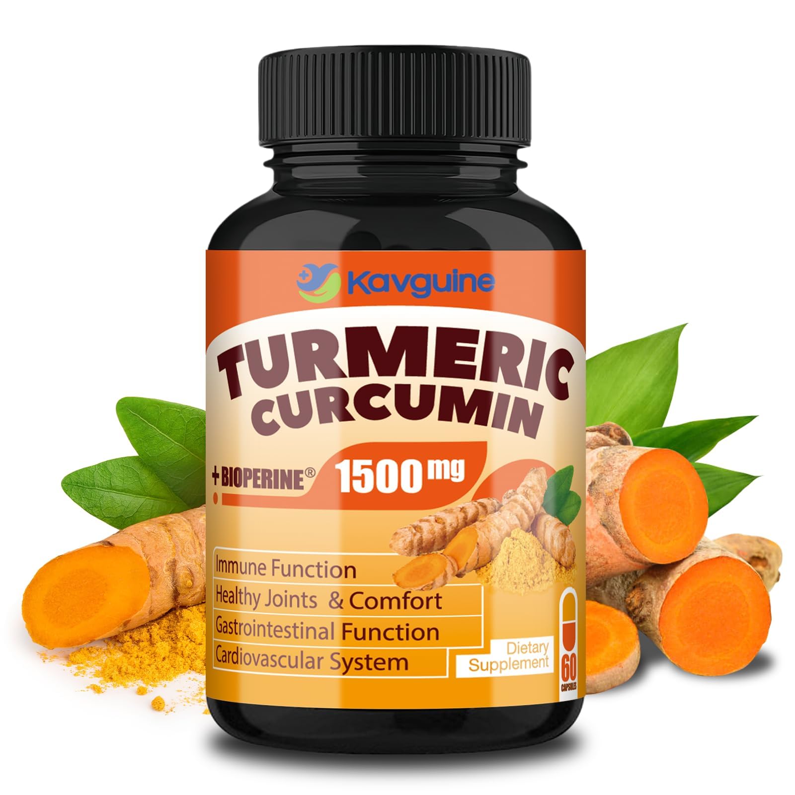 Kavguine Turmeric Curcumin Supplement with Black Pepper Capsule, 60 Veggie Capsules