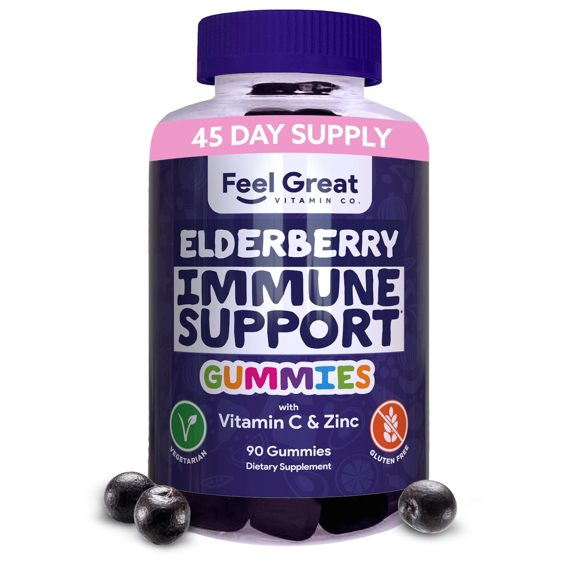 The Feel Great Vitamin Company Elderberry Gummies with Zinc & Vitamin C for Kids & Adults Immune Support Supplement Sambucus Elderberry Syrup Formula Antioxidant Support Gluten Free, 90 Gummies