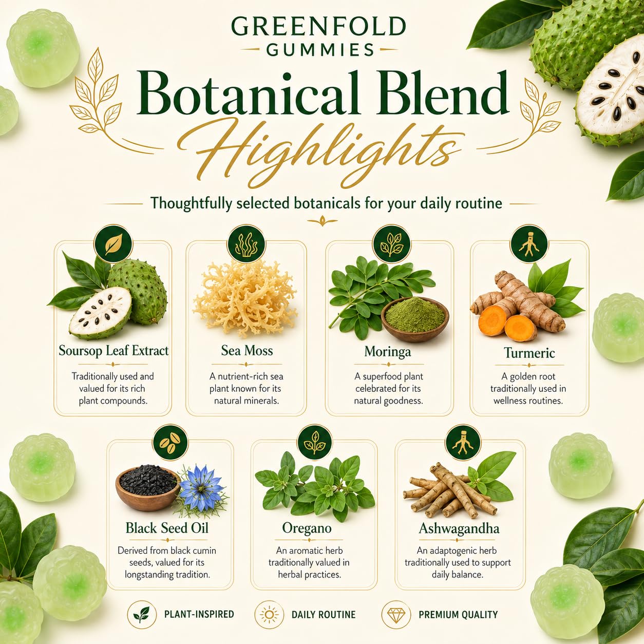 Greenfold Soursop Gummies 20-in-1 Immune Support & Daily Wellness, Herbal Supplement with Soursop Leaf Extract, Sea Moss, Ashwagandha, Black Seed Oil, Moringa, Turmeric & Oregano, Vegan 60 Gummies