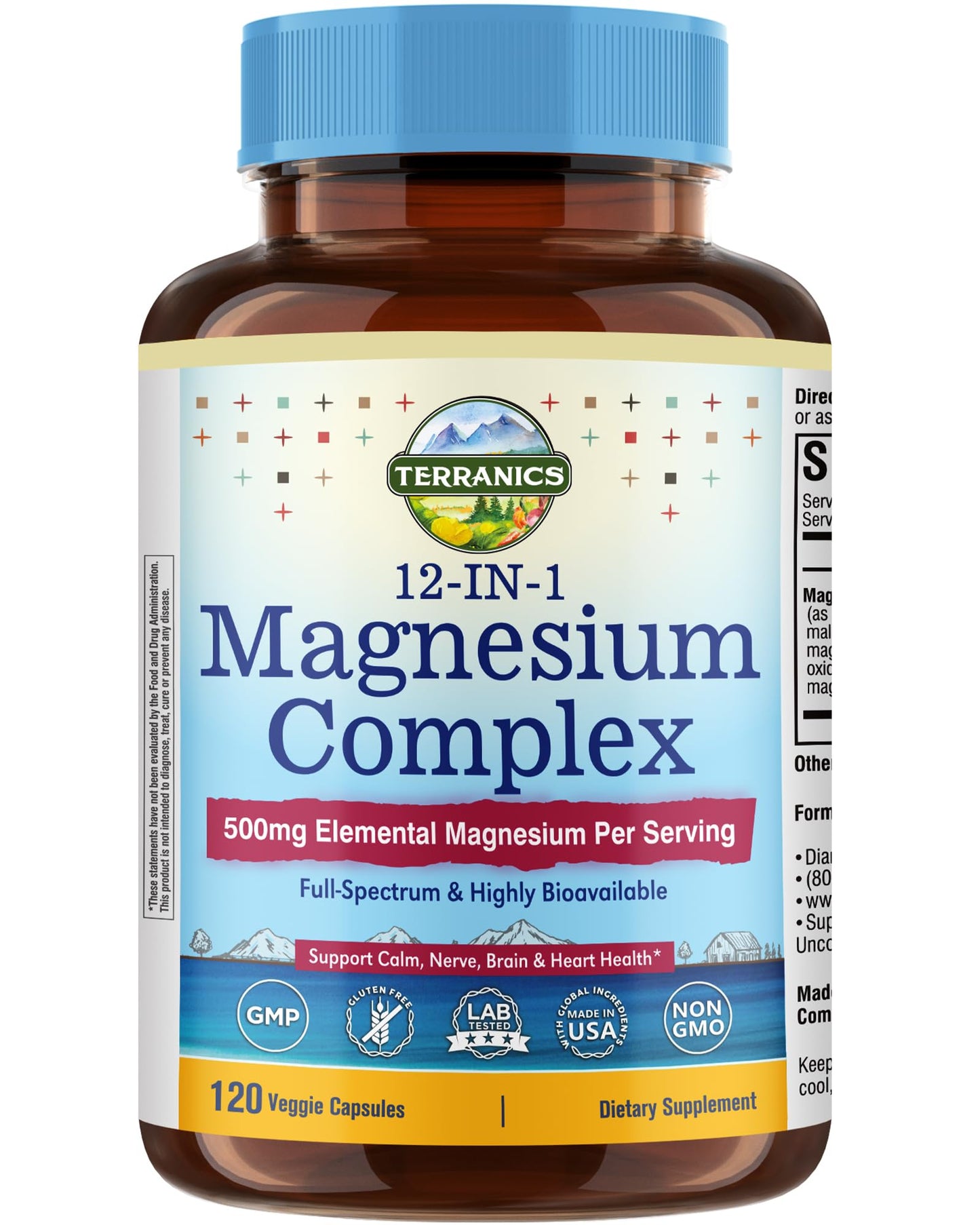 Terranics 12-in-1 Magnesium Complex 500mg Chelated Magnesium Glycinate, Citrate, Malate, Taurate & Orotate Capsules 120 Count