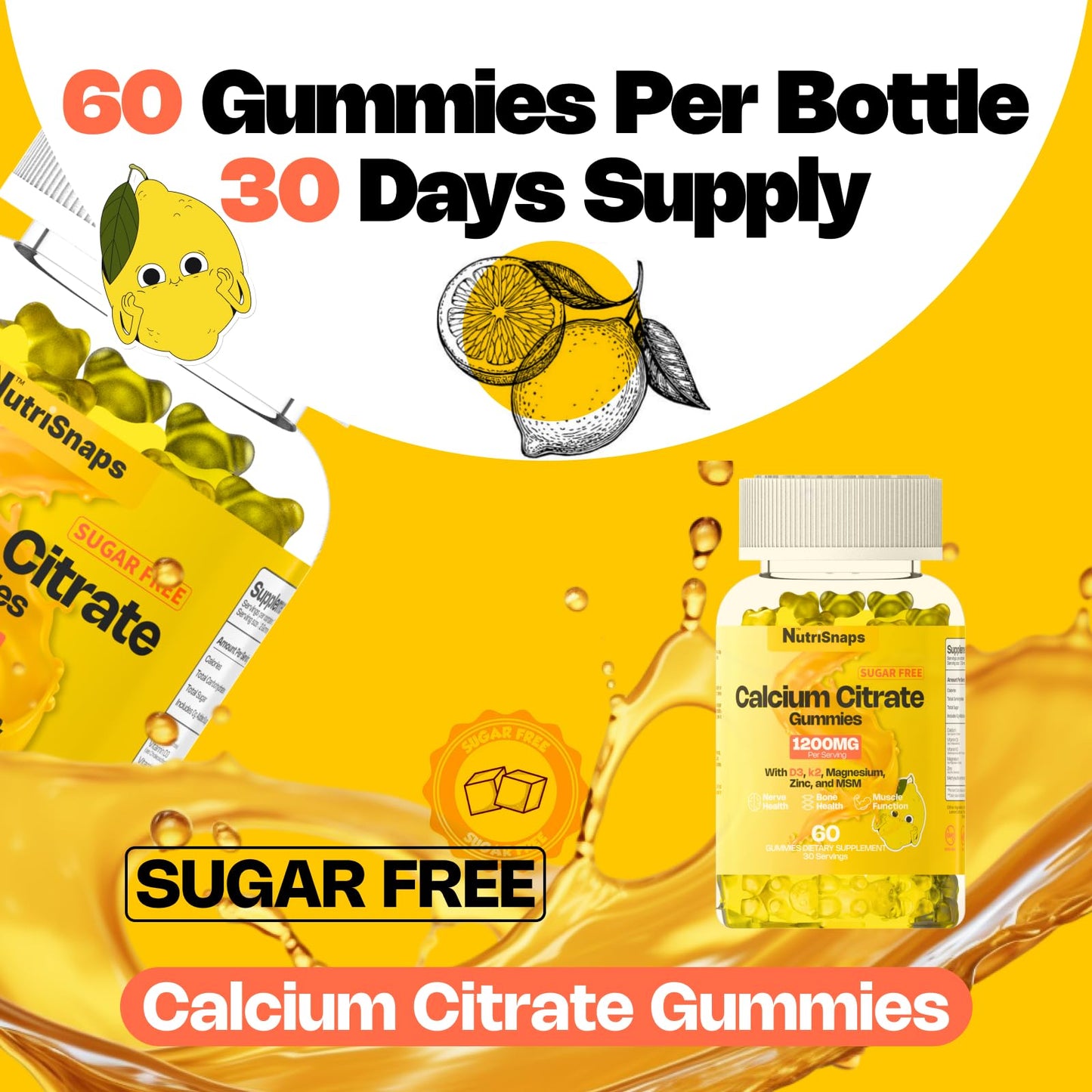 Nutrisnaps Calcium Citrate Gummies 1200mg with Vitamin D3 K2, Magnesium, Zinc, MSM for Men & Women, Ultimate Absorption Calcium Supplement, Vegan, 60 Count