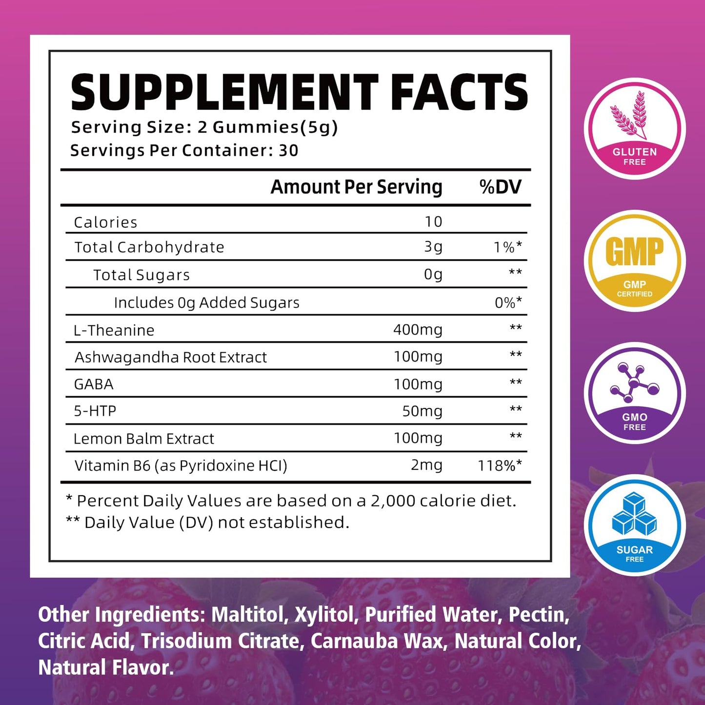 YUULAI L-Theanine Gummies 400mg, Sugar-Free L-Theanine with Ashwagandha, GABA, 5HTP for Relax, Zzz & Focus Support, Vegan, Strawberry Flavor, 60 Gummies