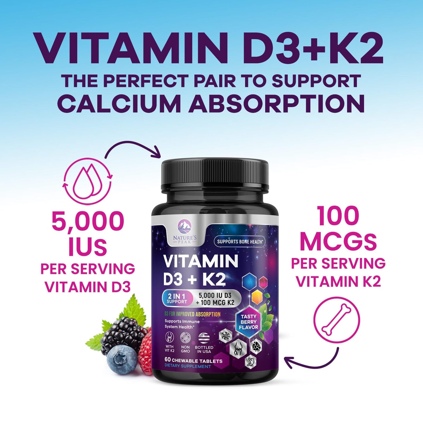 Nature's Peak Vitamin D3 K2 Tablet 5000 IU D3 & 100 mcg K2 MK-7 per Serving, 60 Count