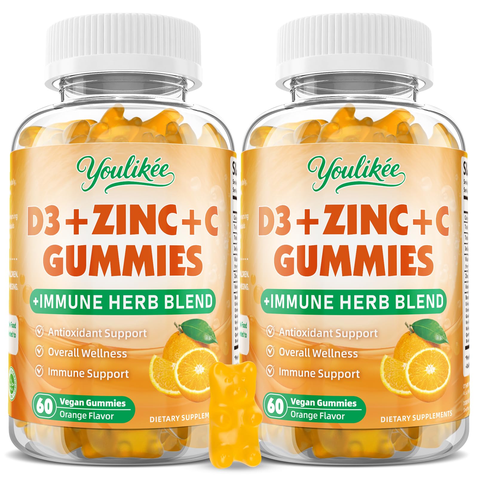 Youlikee Vitamin C + D3 + Zinc Gummies for Adults, Immune Support, 120 Count