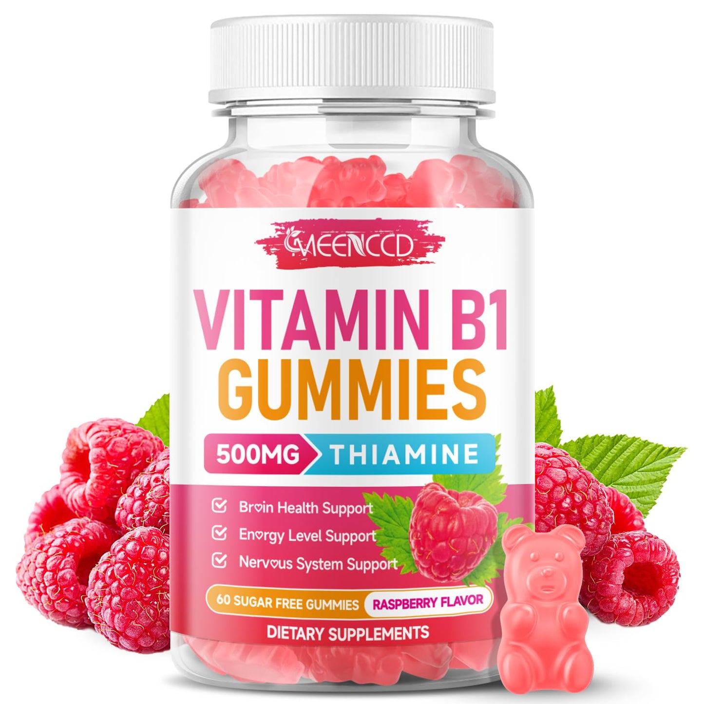 MEENCCD Vitamin B1 Gummies 500mg Thiamine B1 Supplement Supports Energy Production, B1 Vitamin for Adults & Kids, Sugar-Free, Vegan, Raspberry Flavor, 60 Count