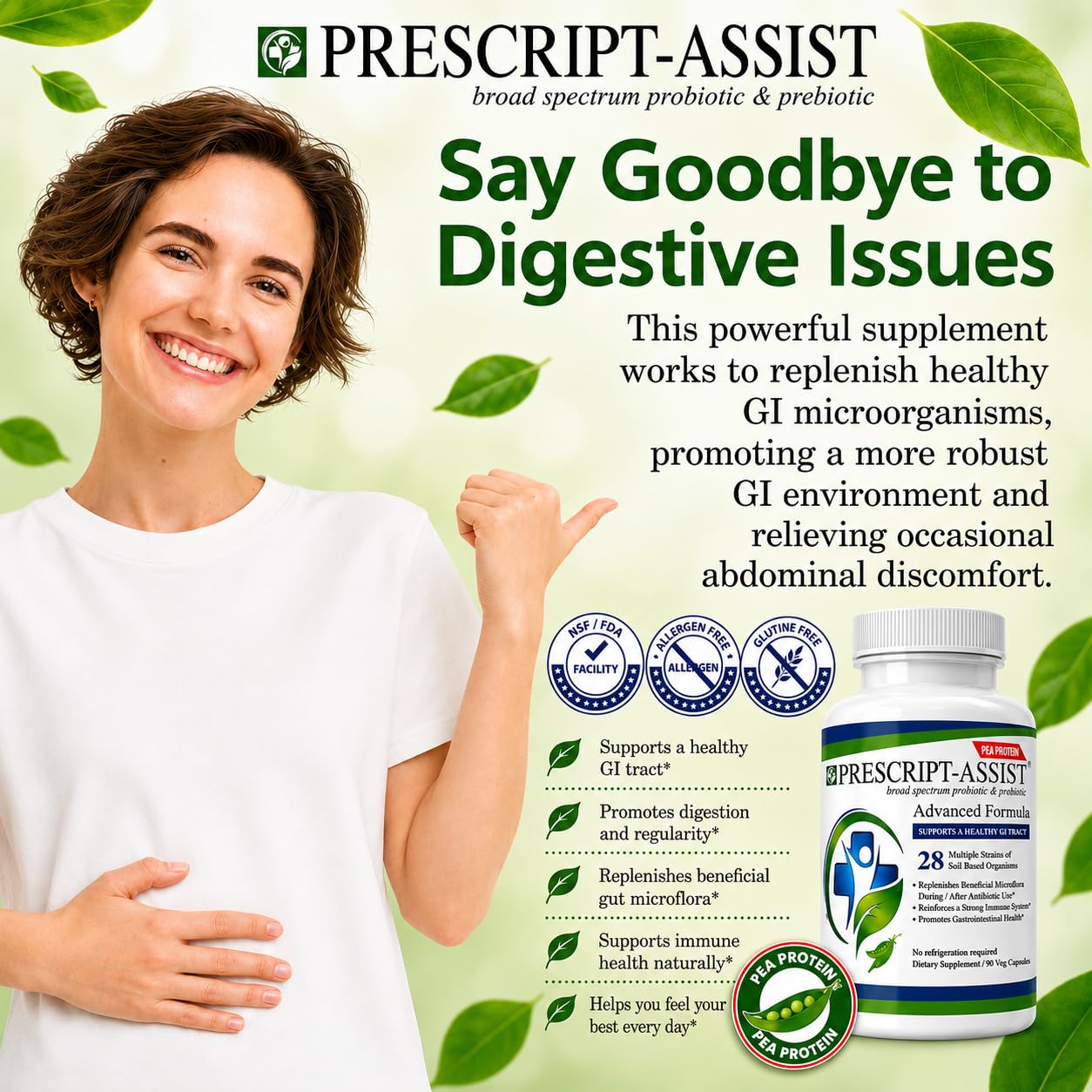 Prescript-Assist Advanced Formula with Pea Protein 28-Strains Soil Microflora Probiotic & Prebiotic for Adults, Soil-Based Probiotics for Gut Health & Digestion, No Refrigeration Needed Capsules, 90 Count