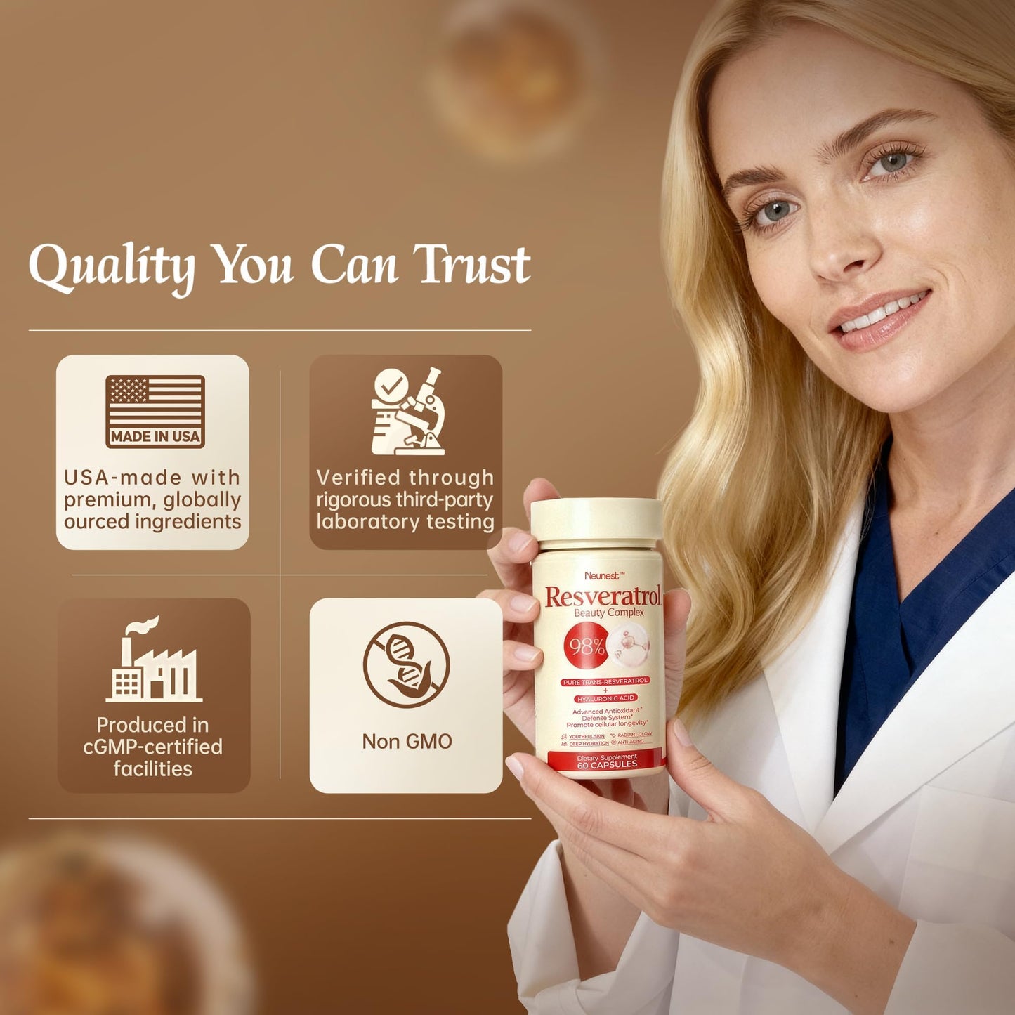 NEUNEST Resveratrol Supplement 98% High Purity Trans-Resveratrol Complex with Collagen Peptides & Hyaluronic Acid, Quercetin, 60 Capsules