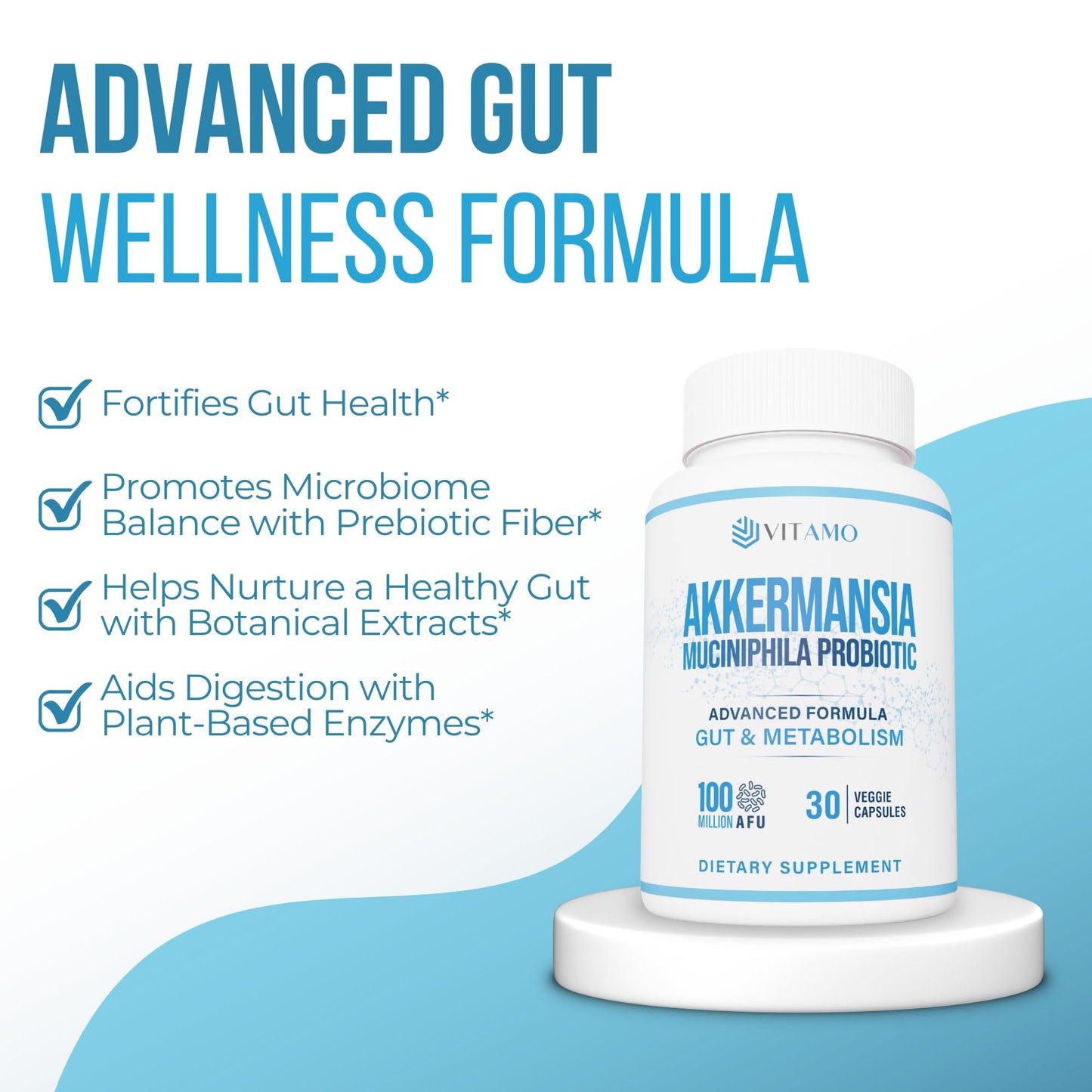 Vitamo Akkermansia Probiotic & Berberine GLP-1 Support Supplement – 100 Million AFU Probiotic for Gut Health & Metabolic Balance with Green Tea, Acacia Fiber & Enzymes, 30 Capsules