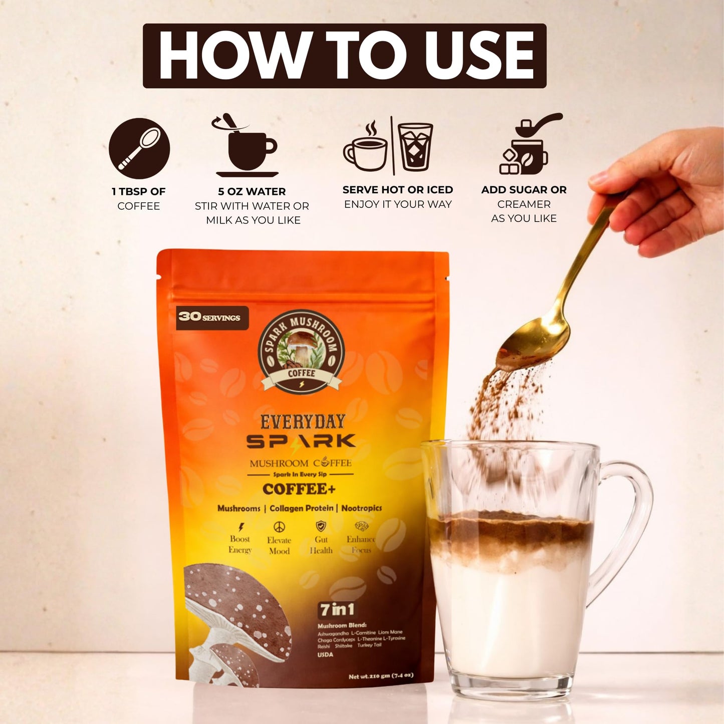Spark Mushroom Coffee Instant Organic Mushroom Coffee Powder 7.4 oz