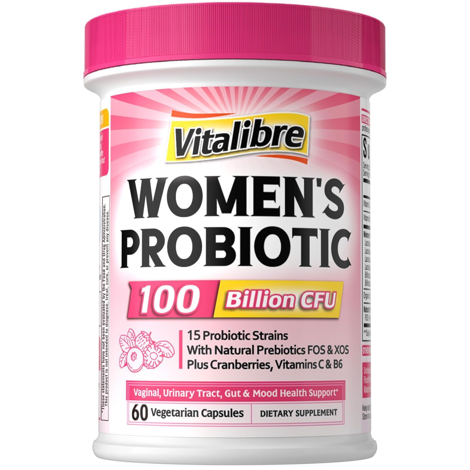 Vitalibre Probiotics for Women 100 Billion CFU 15 Strains, DailyProbiotic & Prebiotic Supplement with Organic Cranberry to Support Vaginal, Digestive, Immune Health, Shelf Stable, 60 Capsules