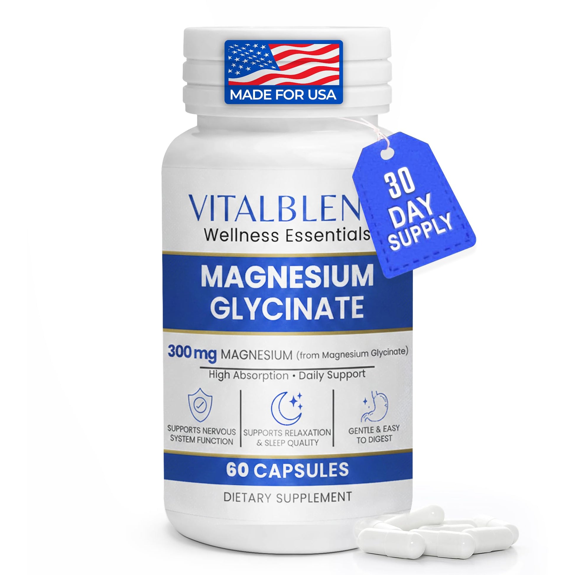 Vitalblend Magnesium Glycinate Capsules 300 mg – Chelated Magnesium Supplement for Relaxation, Sleep & Muscle Support – High Absorption Formula – Gentle on Stomach, 60 Capsules