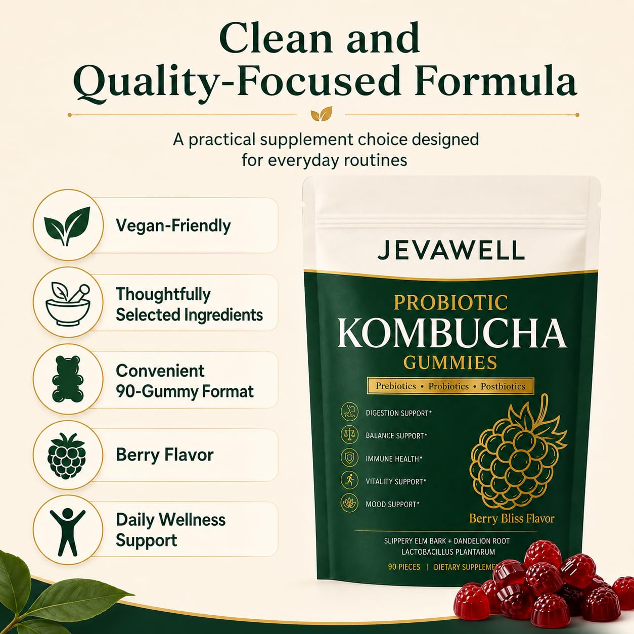 Pillow Daddy Jevawell Probiotic Kombucha Gummies, 90 Gummies