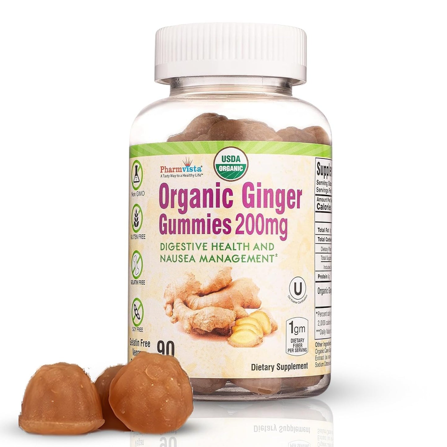 Pharmvista USDA Organic Ginger 200mg Gummies, 90 Count