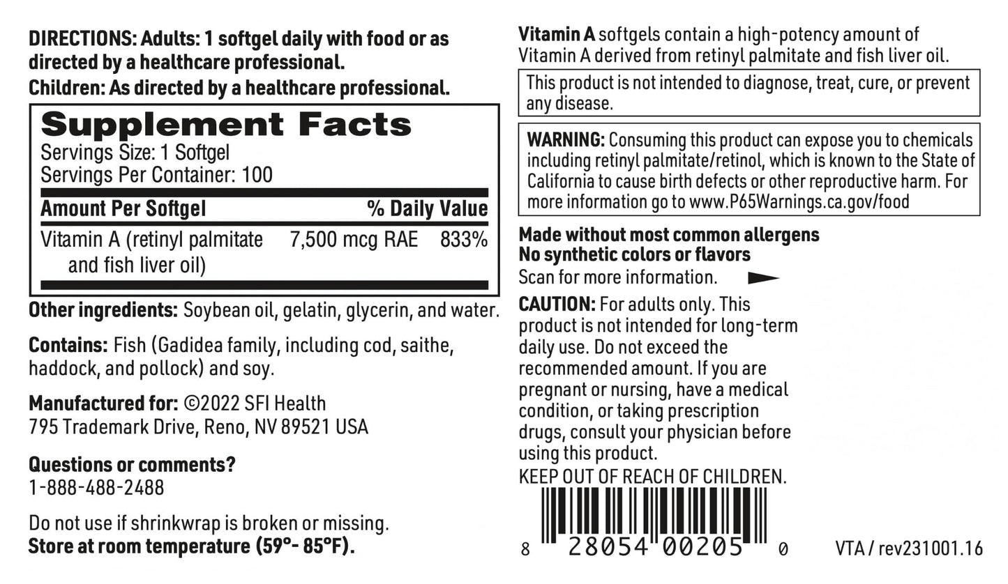 SFI Health Vitamin A Softgels, 100 Count