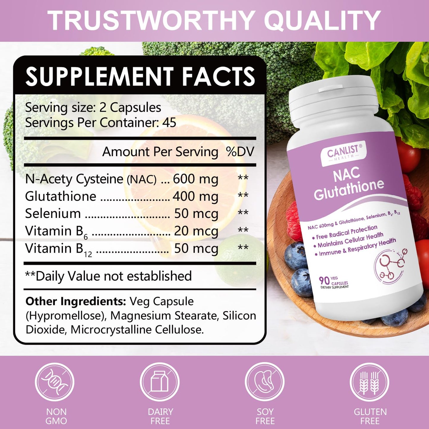 CANLIST NAC Supplement (N-Acetyl Cysteine) 600mg with Glutathione 400mg Capsules, 90 Count