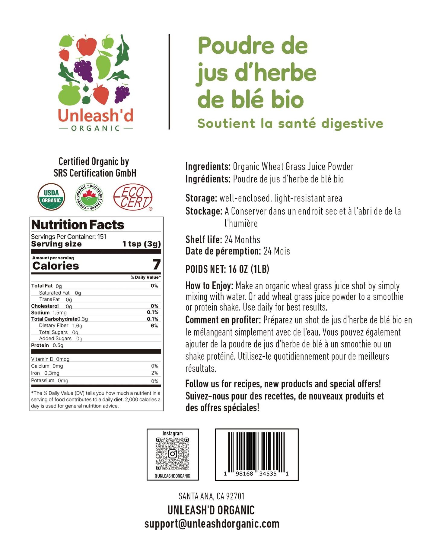 UNLEASH'D ORGANIC Organic Wheatgrass Juice Powder 16 oz