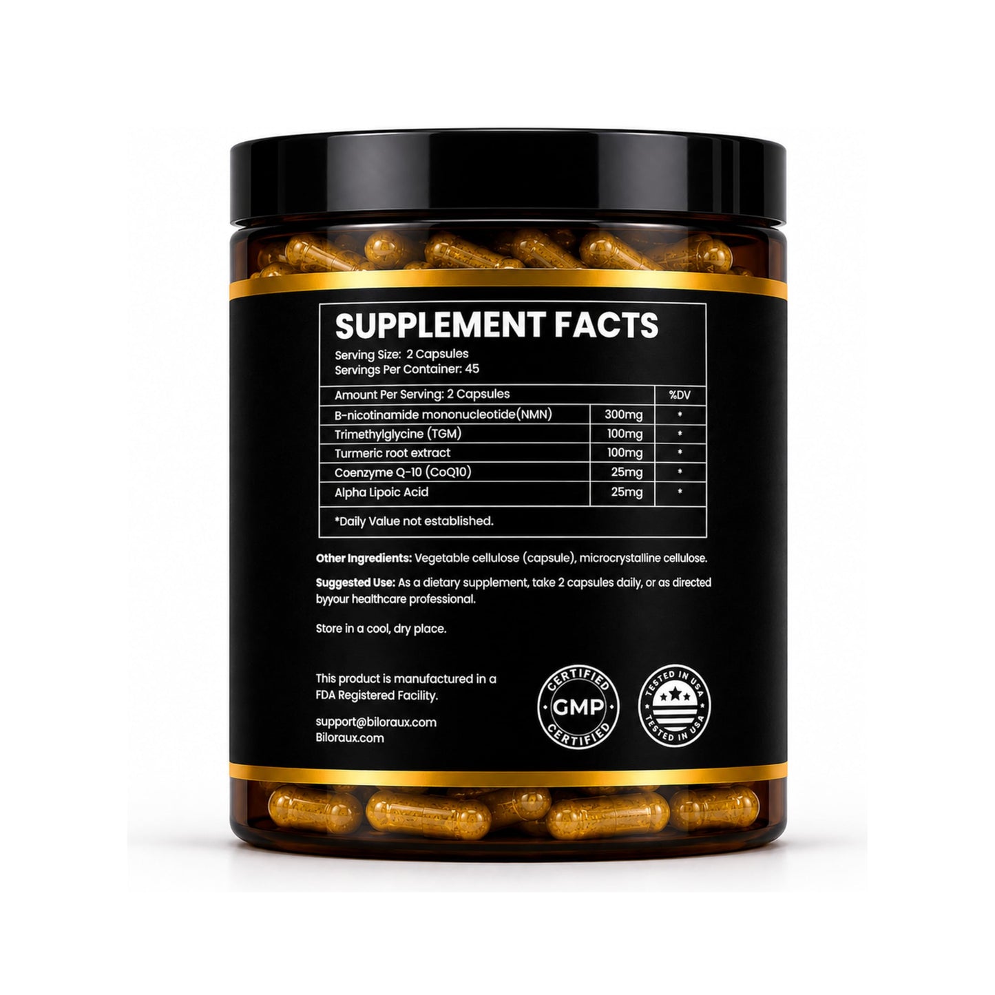 BiloRaux NMN Supplement 300mg with TMG, Turmeric, CoQ10 & Alpha Lipoic Acid - 5-in-1 NAD+ Precursor - Nicotinamide Mononucleotide Supports Cellular Energy & Healthy Aging, 90 Capsules