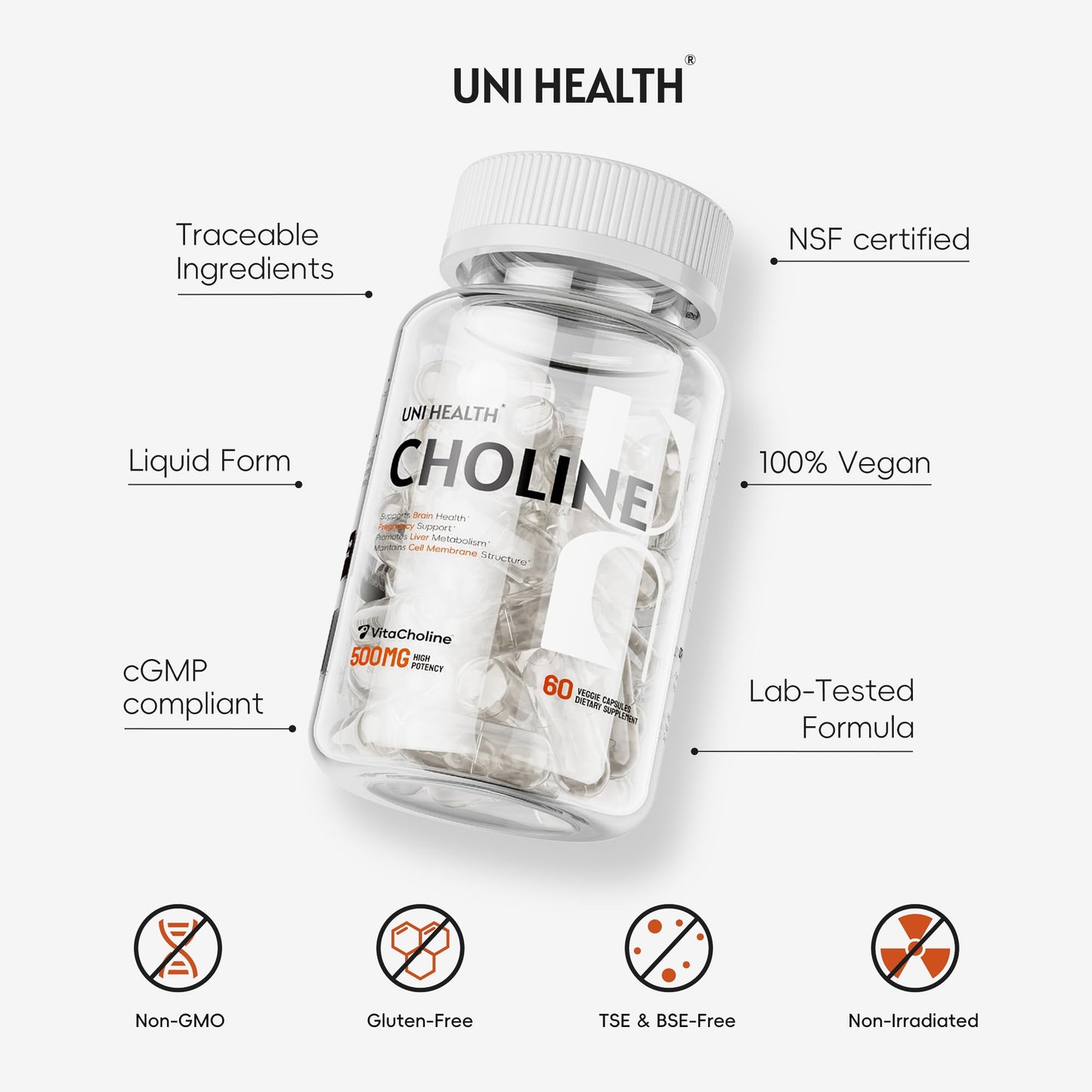 UniHealth Choline 500 mg with VitaCholine, 60 Capsules
