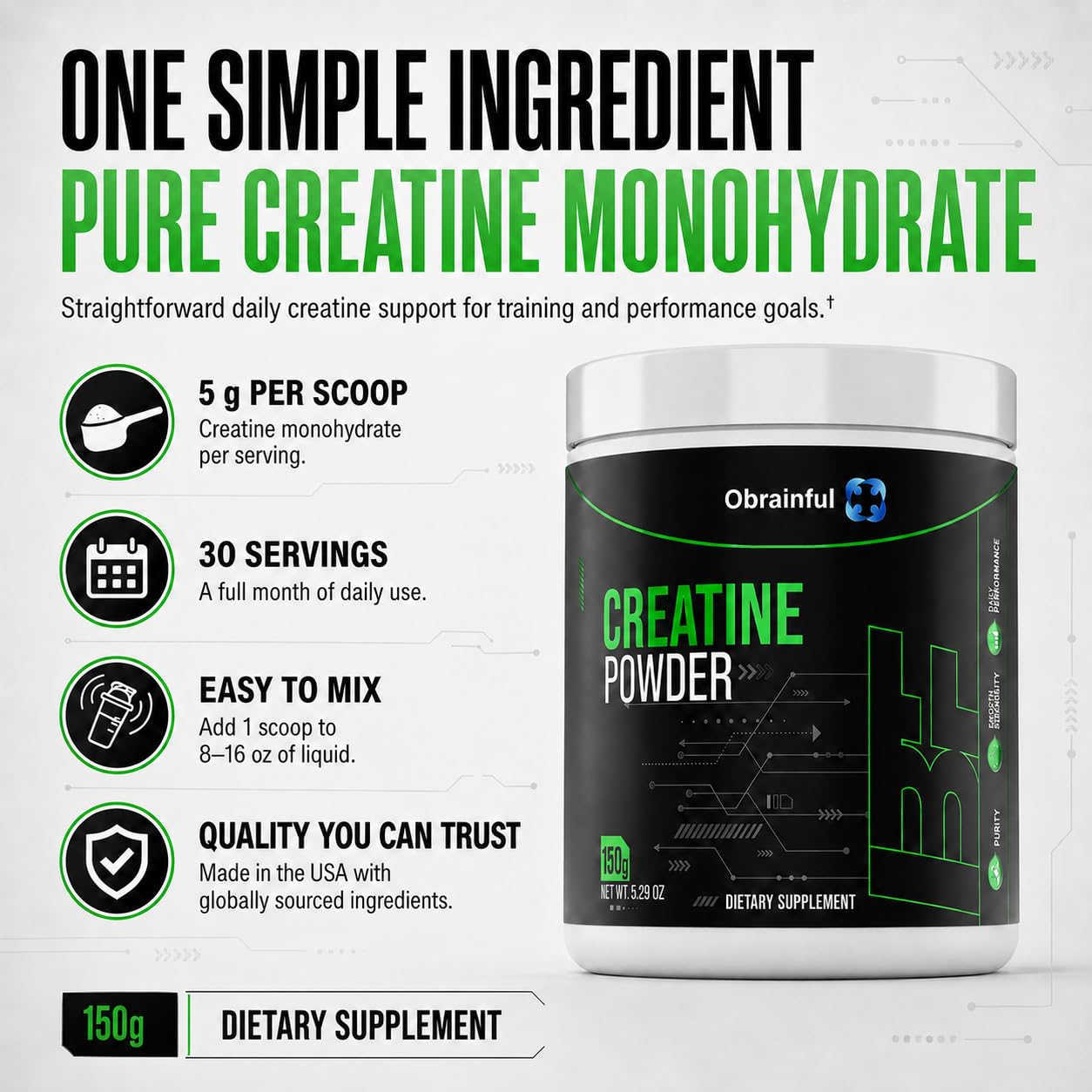 Obrainful Unflavored Creatine Monohydrate Powder 5.3 oz