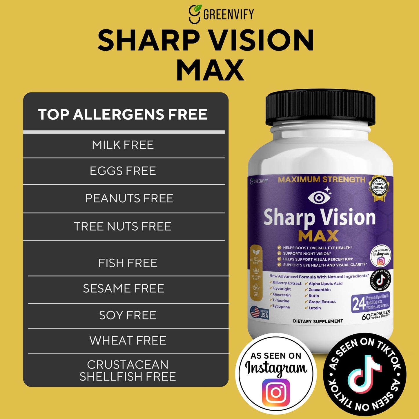 GREENVIFY Sharp Vision Max Eye Health Supplement Capsules, 60 Count