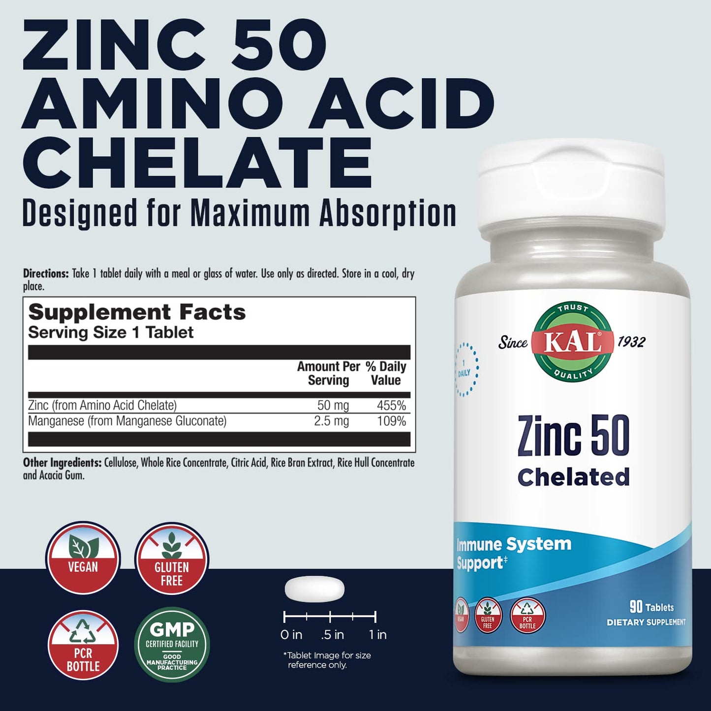 KAL Zinc 50mg Amino Acid Chelate Capsule, 90 Capsules