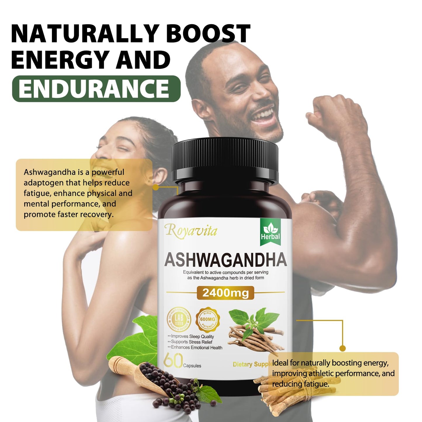Royavita Ashwagandha Capsules 2400mg Organic with Black Pepper Vitamin B12 & B6 for Max Absorption, Stress Relief & Athletic Performance, 60 Capsules