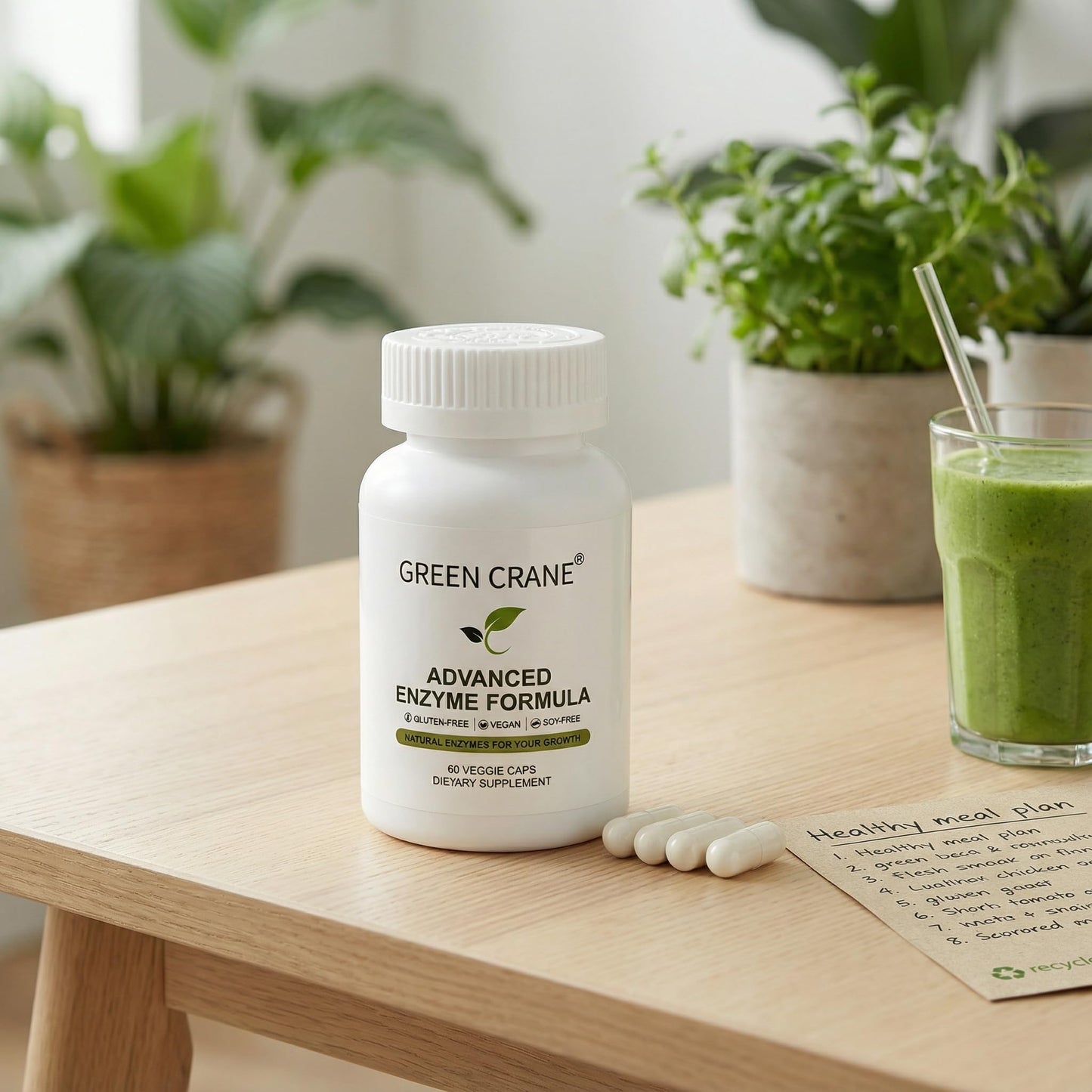 Green Crane Advanced Enzyme Formula Plant-Sourced Digestive Support Complex Gentle Gluten-Free Vegan Capsules, 60 Capsules