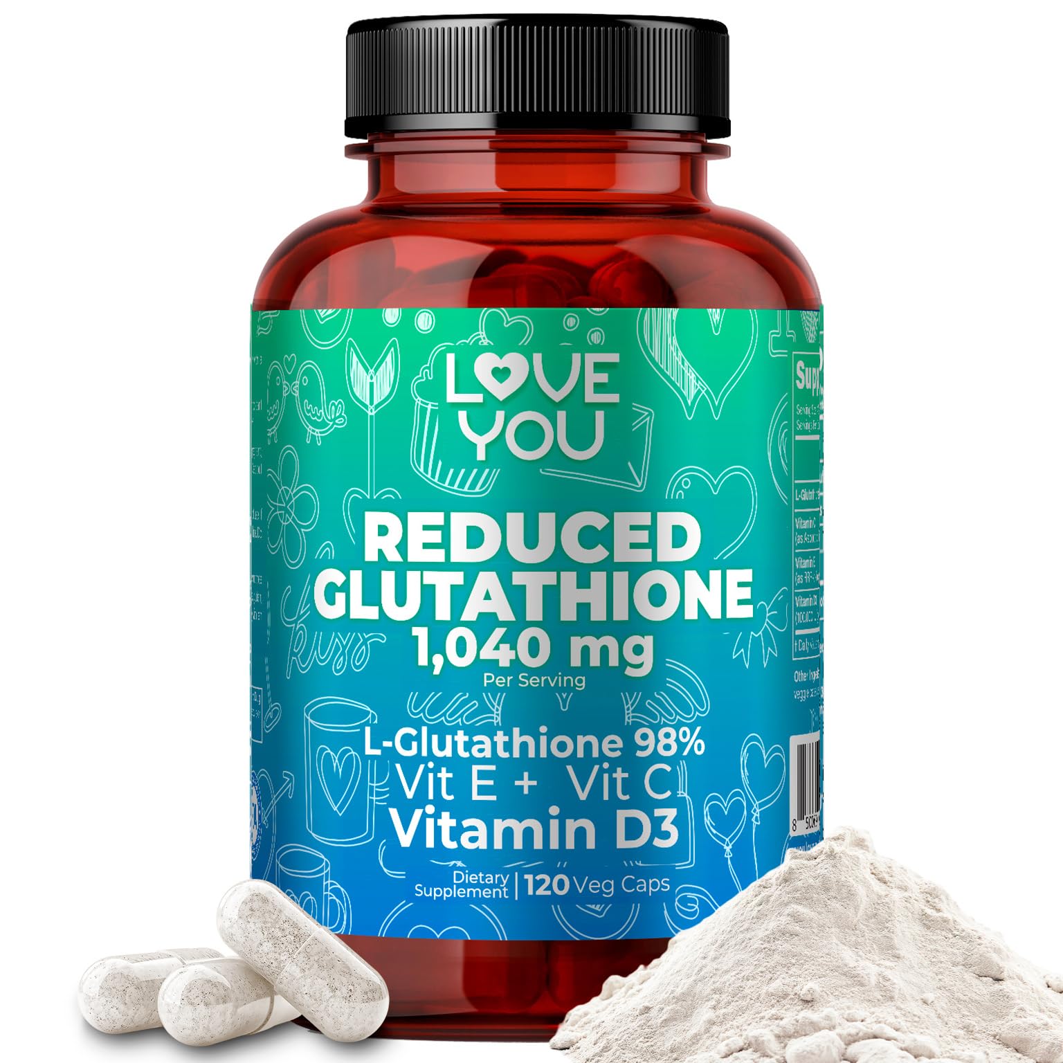 Love You Reduced Glutathione 98% Purity 1040 mg + Vitamin C, E & D3 Intracellular Antioxidant, 120 Capsules