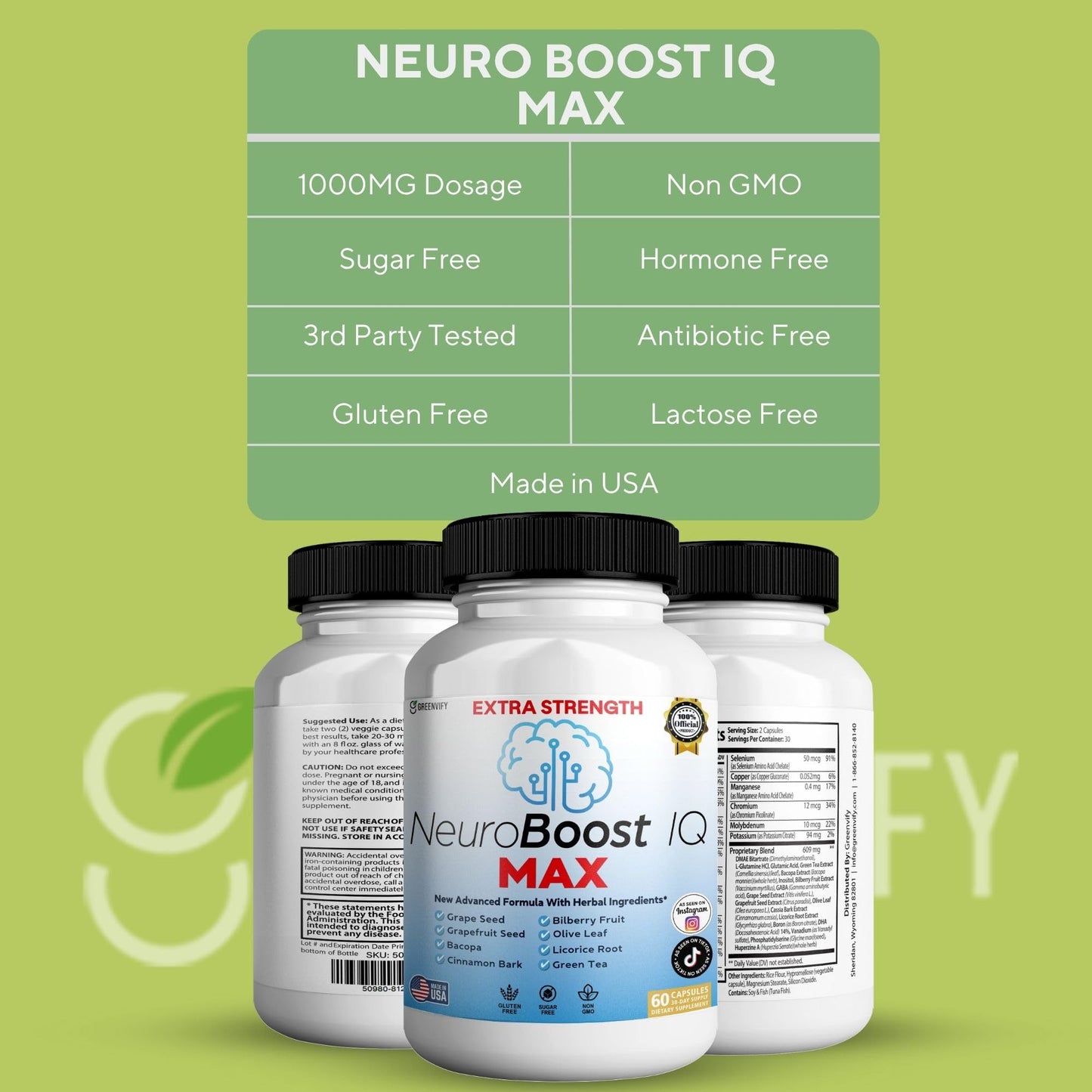 GREENVIFY NeuroBoost IQ MAX Extra Strength Brain Support Supplement Capsules, 60 Count